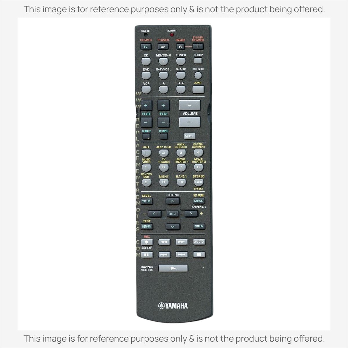 Anderic substitute remote control for Yamaha RAV246 home theater systems with grey buttons and black casing.