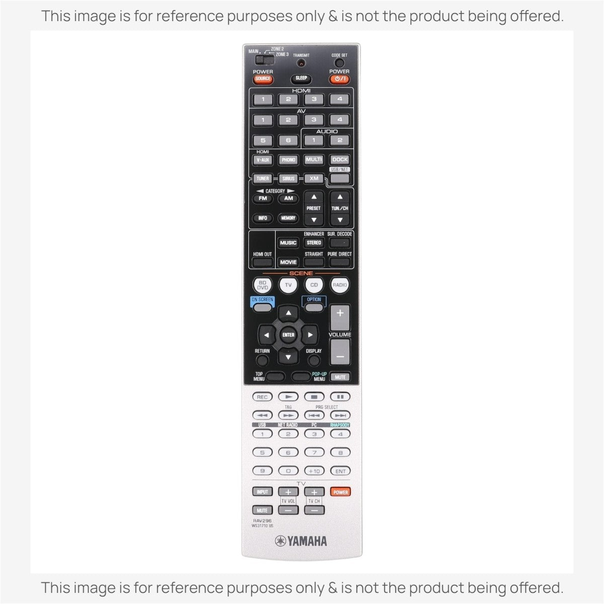 Anderic replacement remote control for Yamaha RAV296 AV receivers featuring black and silver buttons and layout