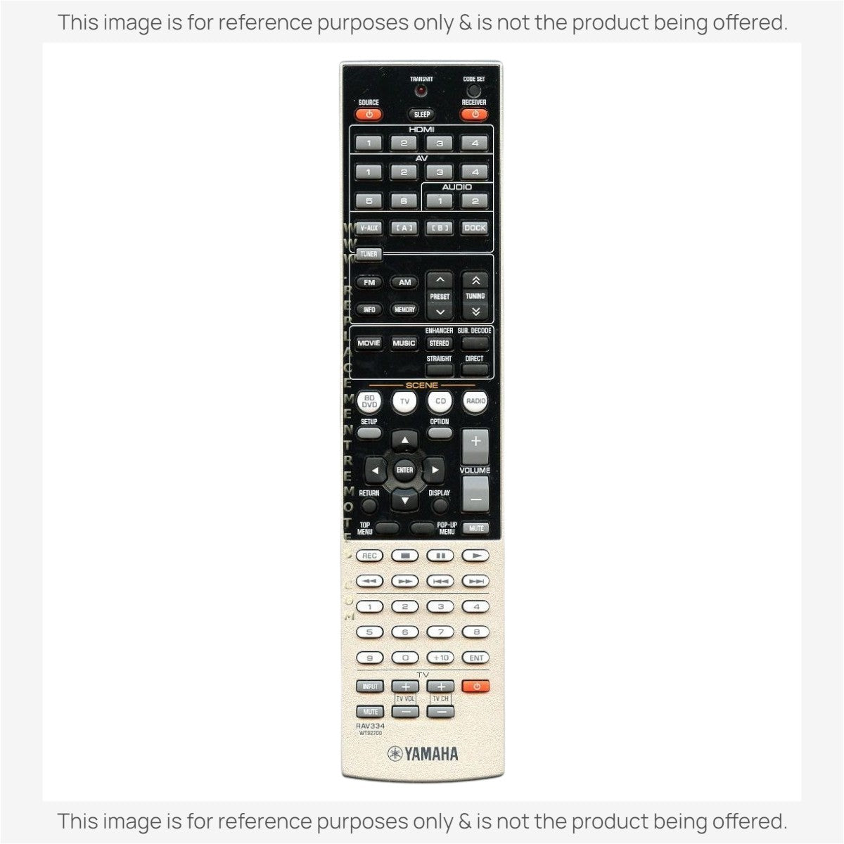 Anderic replacement remote control for Yamaha RAV334 AV receivers featuring a black and silver button layout