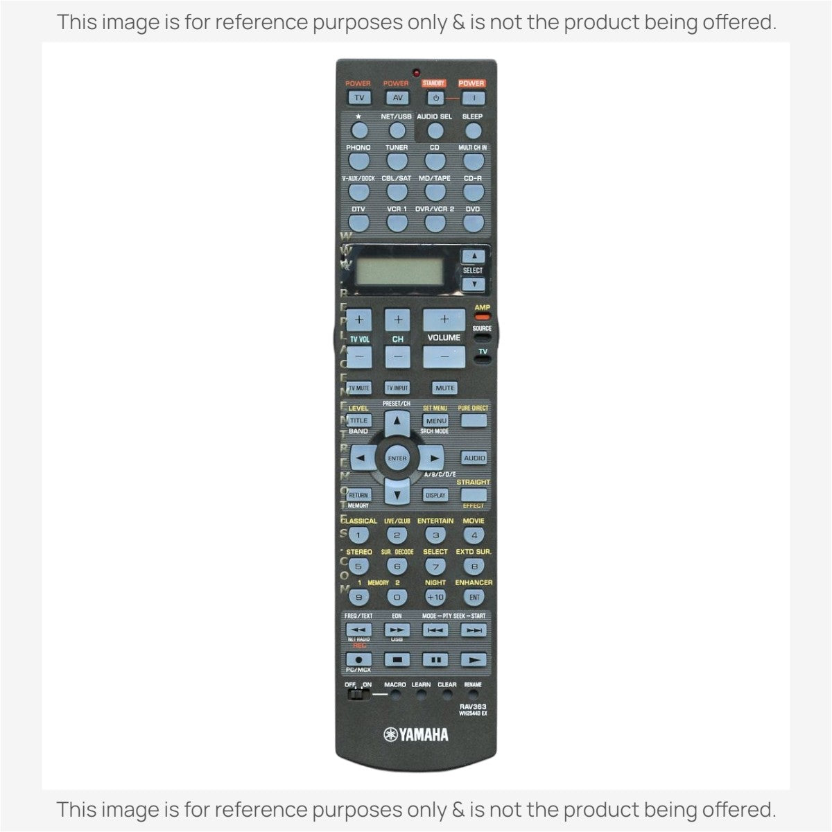 Anderic substitute remote control for Yamaha RAV363 A/V receivers featuring a black body and light blue buttons.