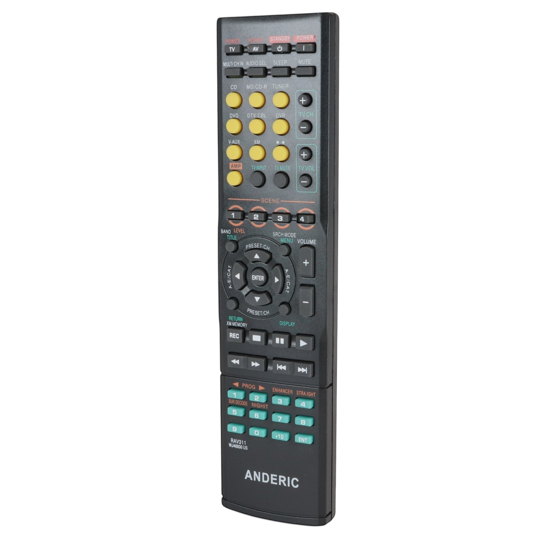 Anderic RRAV311 remote control for Yamaha A/V receivers with black casing and multi-colored function buttons