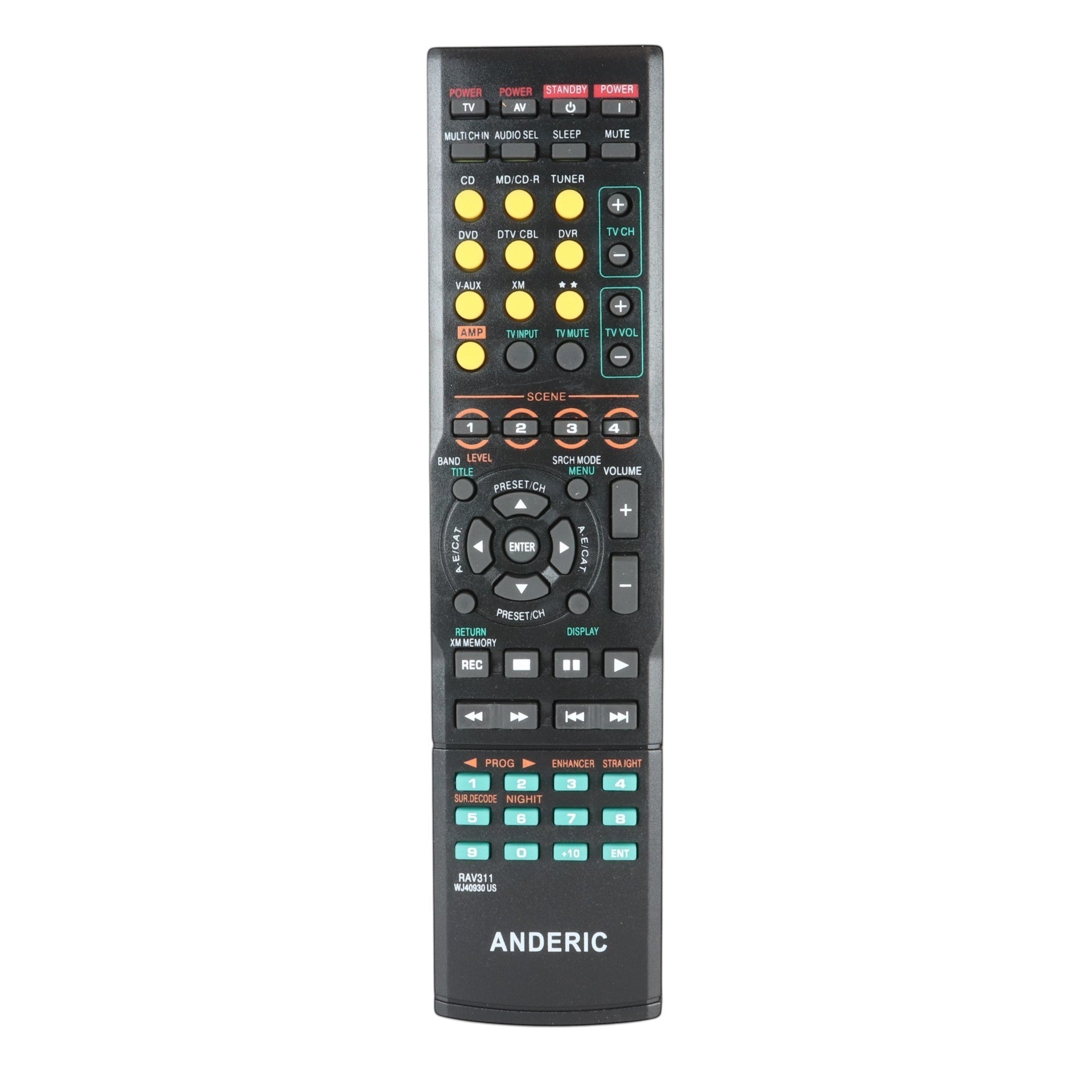 Anderic RRAV311 replacement remote control for Yamaha A/V receivers with black casing and multi-colored buttons.