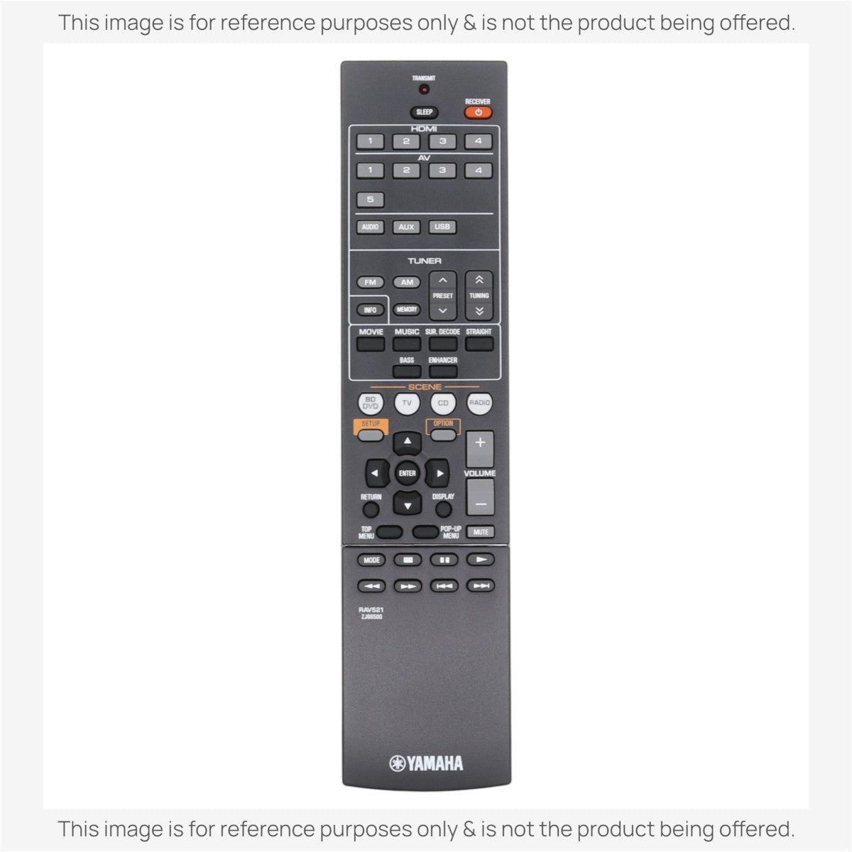 Anderic replacement remote control for Yamaha RAV521 AV receivers featuring black plastic housing and button layout