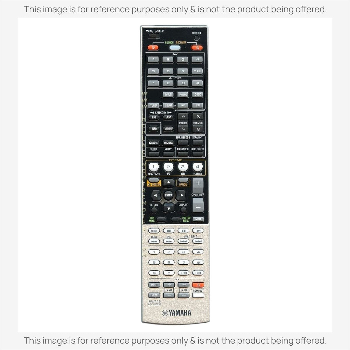 Anderic substitute remote control for Yamaha AV receivers with black buttons and grey casing for home theater systems.