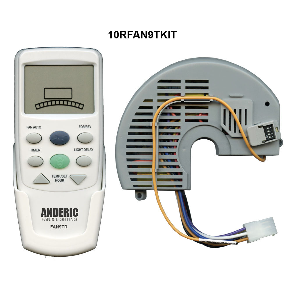 The Anderic FAN10R/FAN9T Replacement Ceiling Fan Kit for Hampton Bay includes a remote with buttons and digital display, plus a semicircular receiver with wires, ideal for easy fan and light control.