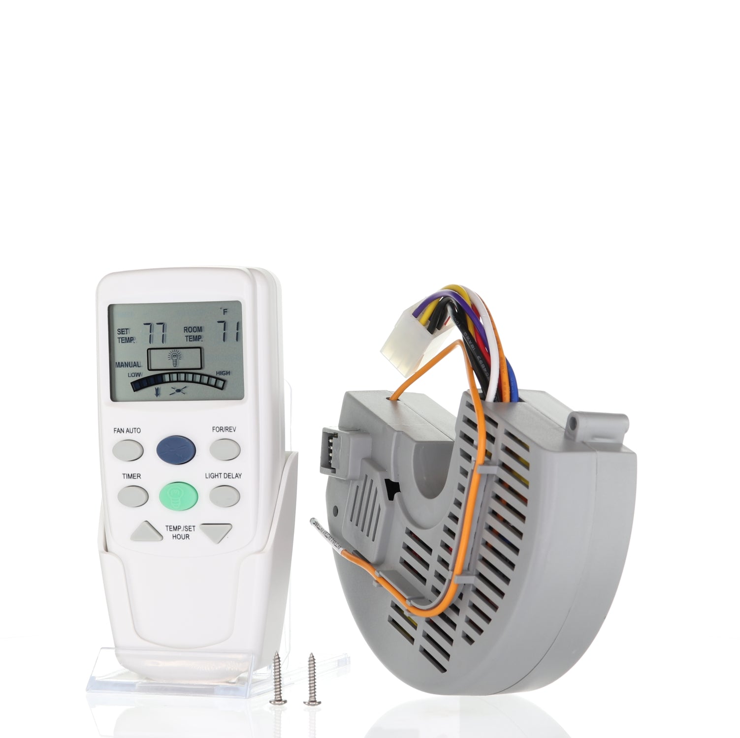 A digital thermostat and a gray electronic component, similar to the Anderic FAN10R/FAN9T Replacement Ceiling Fan Kit for Hampton Bay with wires and two screws, are placed on a reflective surface.