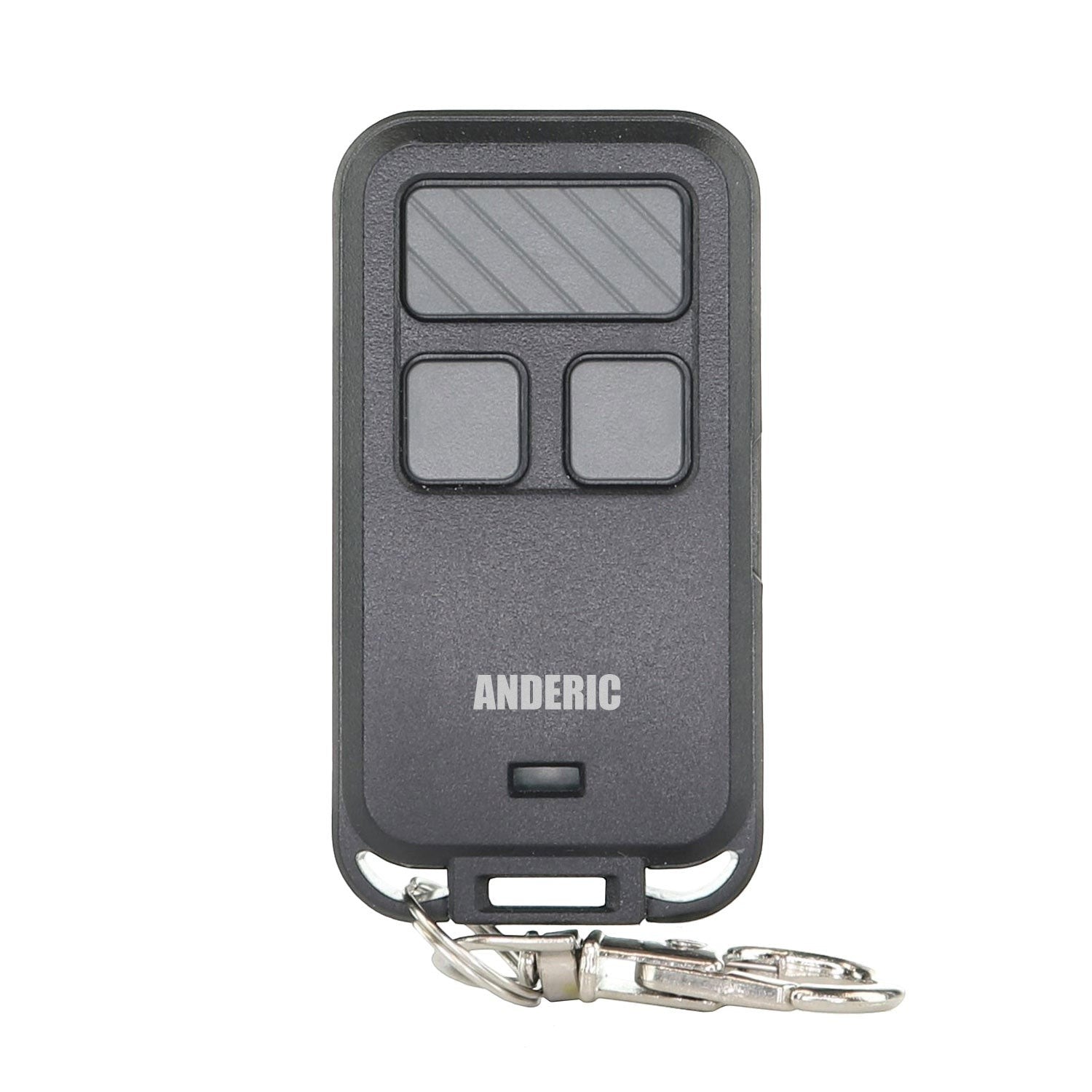The Anderic 890MAX Keychain Universal Remote Control, labeled "ANDERIC," is compatible with purple, yellow, green, red, and orange learning button garage doors. It features three gray buttons and a metal keychain attachment for added convenience.