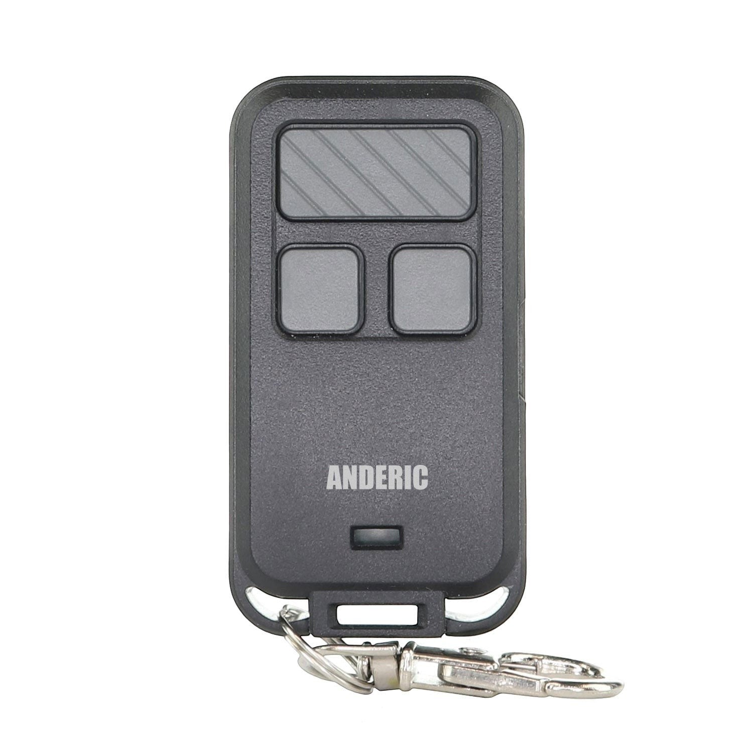 The Anderic 890MAX Keychain Universal Remote Control, labeled "ANDERIC," is compatible with purple, yellow, green, red, and orange learning button garage doors. It features three gray buttons and a metal keychain attachment for added convenience.