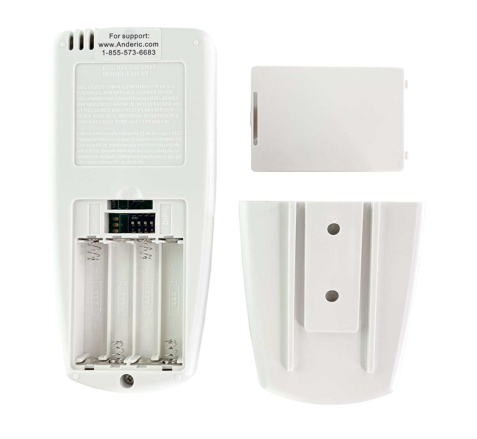 The back view of the white Anderic FAN9T/REV Thermostatic without Dimming for Hampton Bay Ceiling Fan Remote Control shows three empty battery slots with its cover and wall mount removed, along with support contact info clearly displayed.