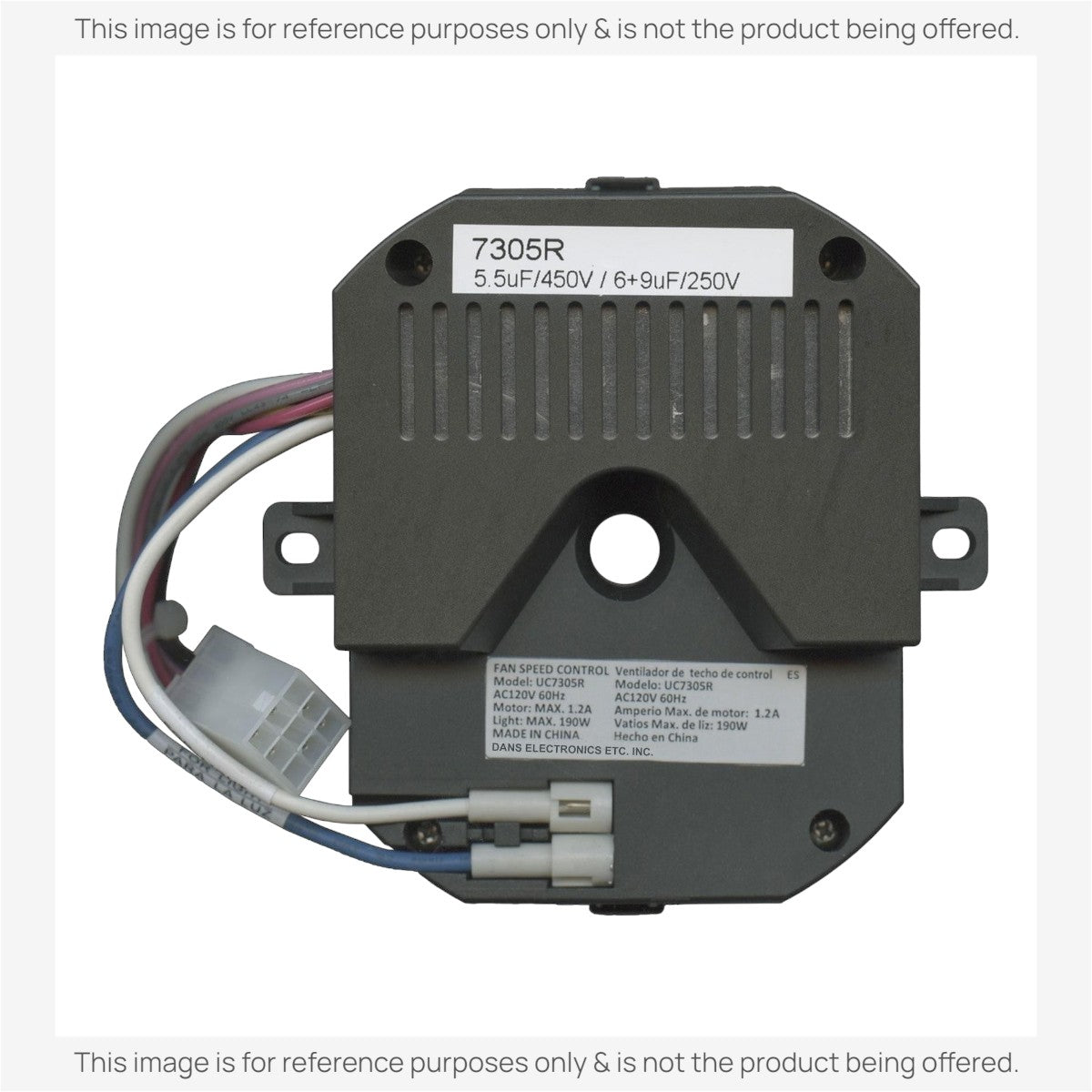 The square black Anderic MR77A.2 component, with wires on the side and specifications on white stickers, is a receiver for Altura Ceiling Fans, compatible with the Home Decorators Collection Ceiling Fan Kit.