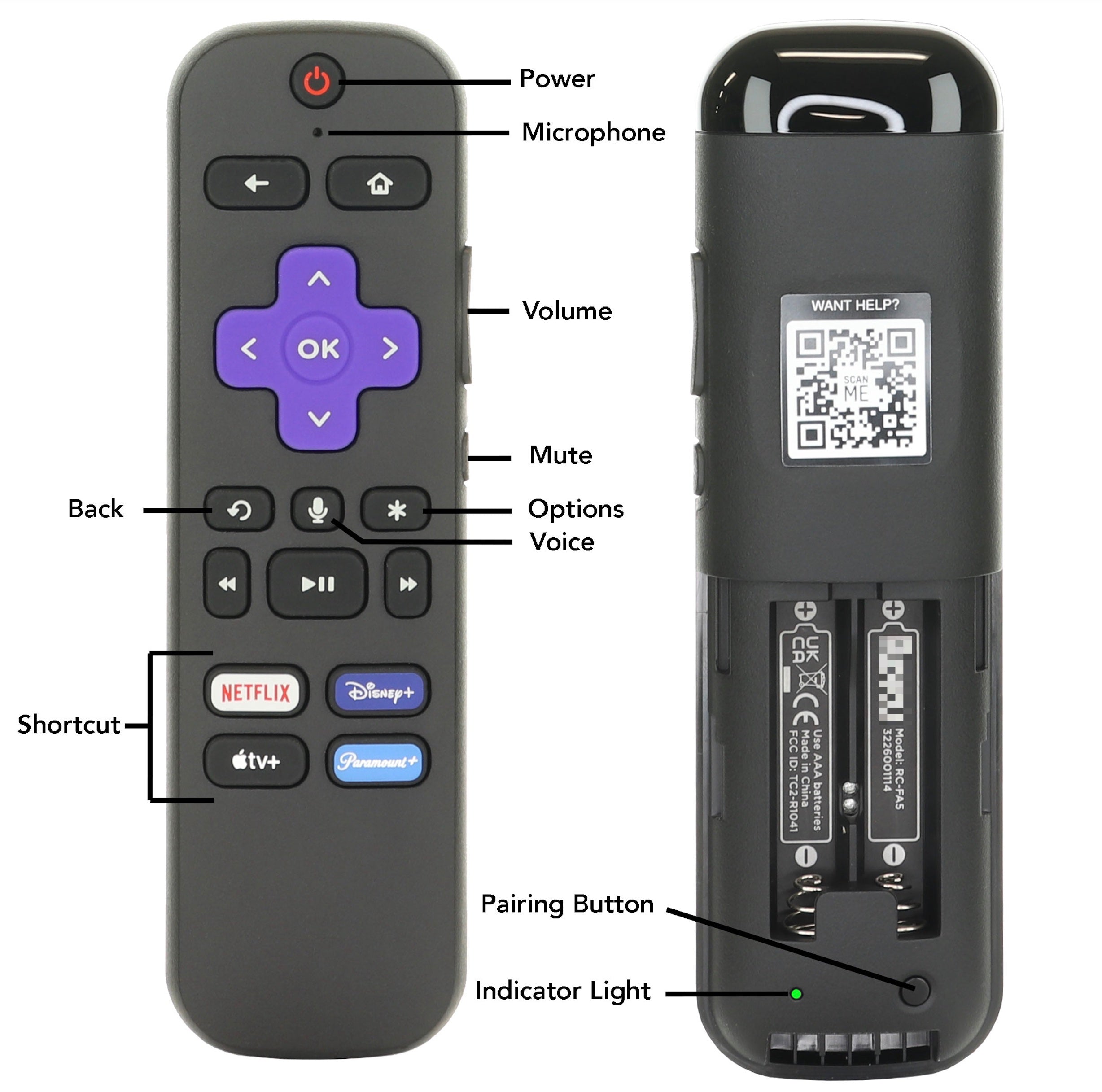 Image of an Anderic RC-FA5 Universal remote for All Roku devices. Front features power, volume, mute, and streaming shortcut buttons. Back has a battery compartment, pairing button, and indicator light. Effortlessly control via voice with versatile compatibility across multiple devices.
