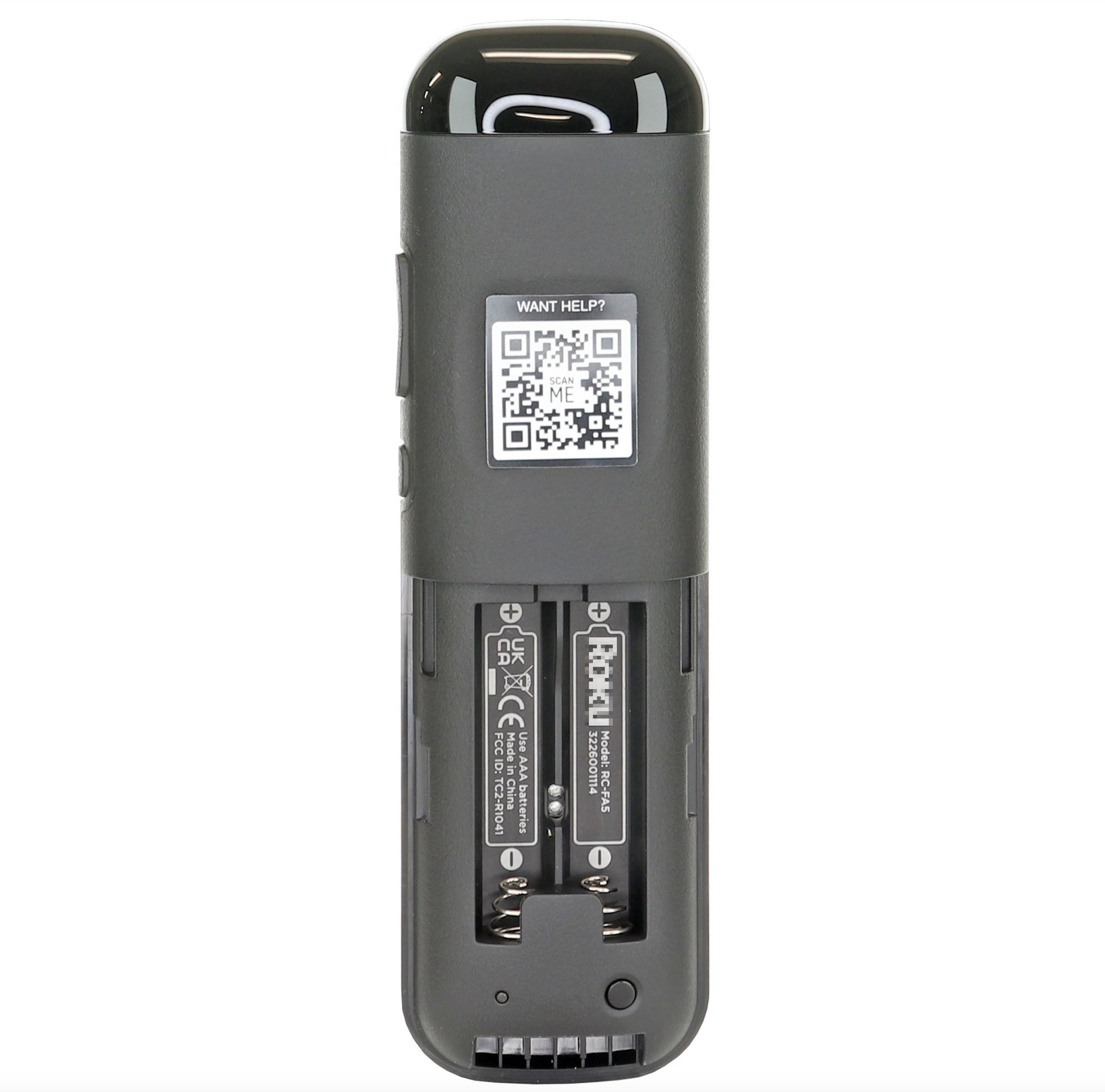 The Anderic RC-FA5 Universal remote's back view shows an open battery compartment for two AA batteries. A QR code highlights its compatibility with Roku devices and modern features like voice control.