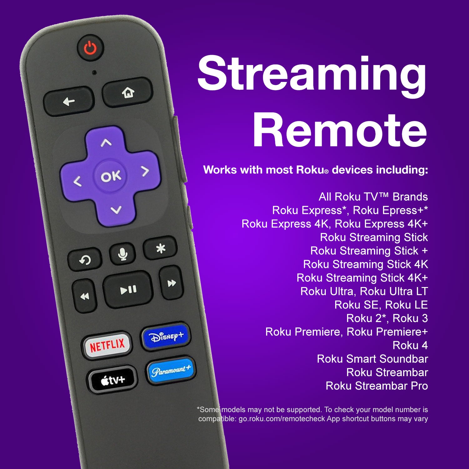 The Anderic RC-FA5 Universal Remote for all Roku Streaming Stick, StreamBar, and Roku TV includes buttons for Netflix, Disney+, Prime Video, and more. Its versatile compatibility ensures seamless operation with various Roku devices for an enhanced viewing experience.