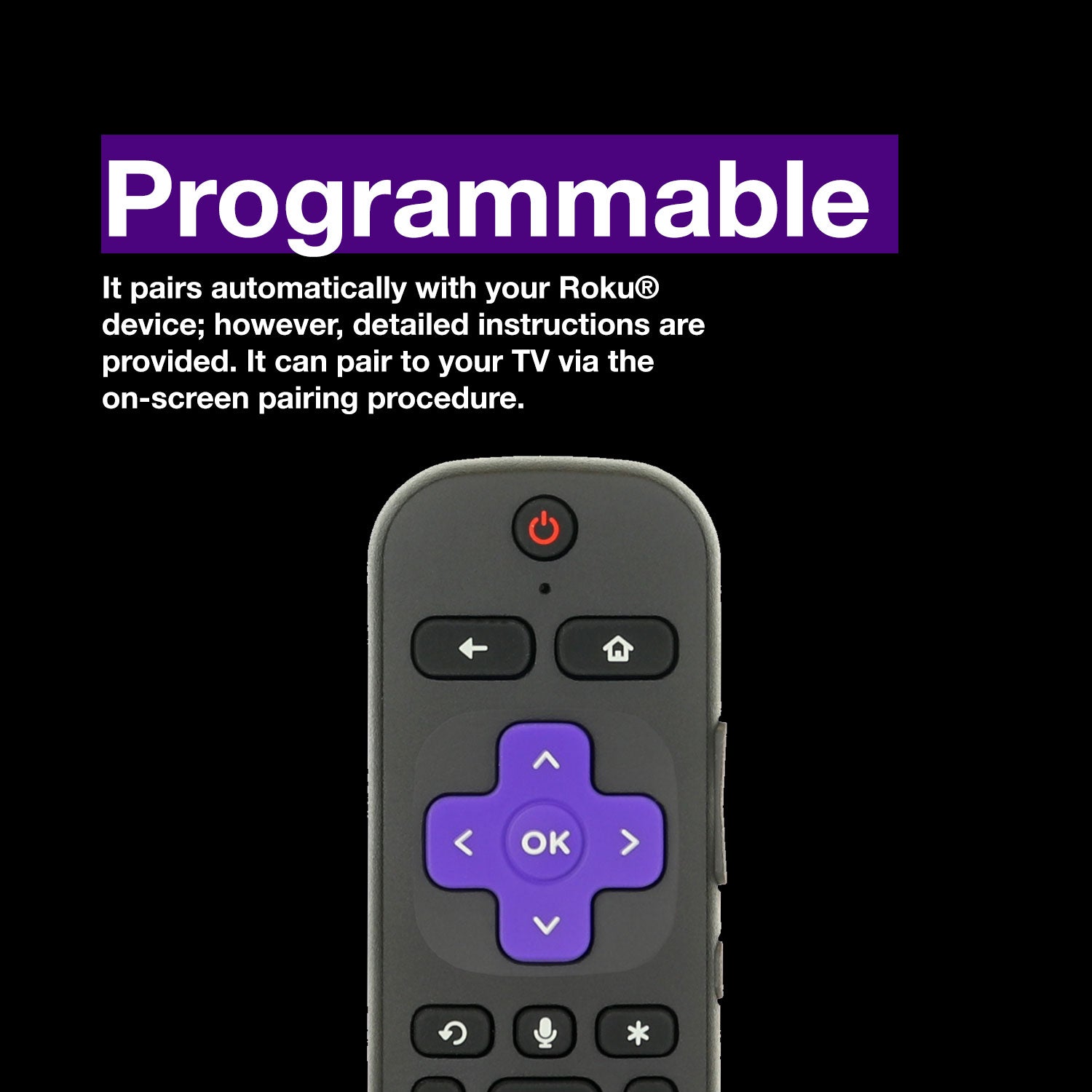 The Anderic RC-FA5 Universal remote for all Roku devices, featuring purple directional buttons, is shown. Text above reads "Programmable" with pairing instructions for Roku and TVs, ensuring versatile compatibility.