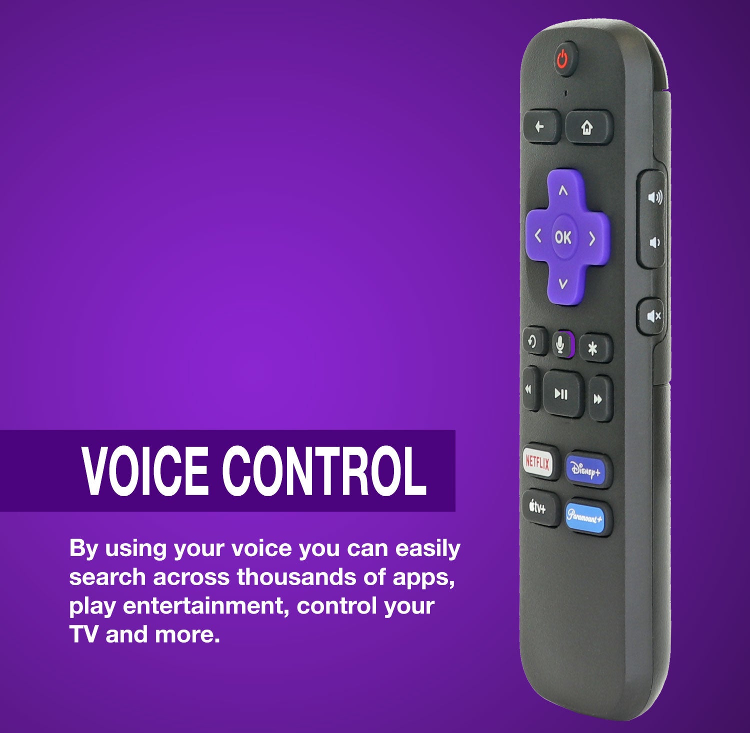 Enjoy seamless voice control with the Anderic RC-FA5 Universal Remote for Roku devices, featuring a vibrant purple directional pad and buttons dedicated to top streaming apps like Netflix, Disney+, and Peacock, all on a striking purple background.