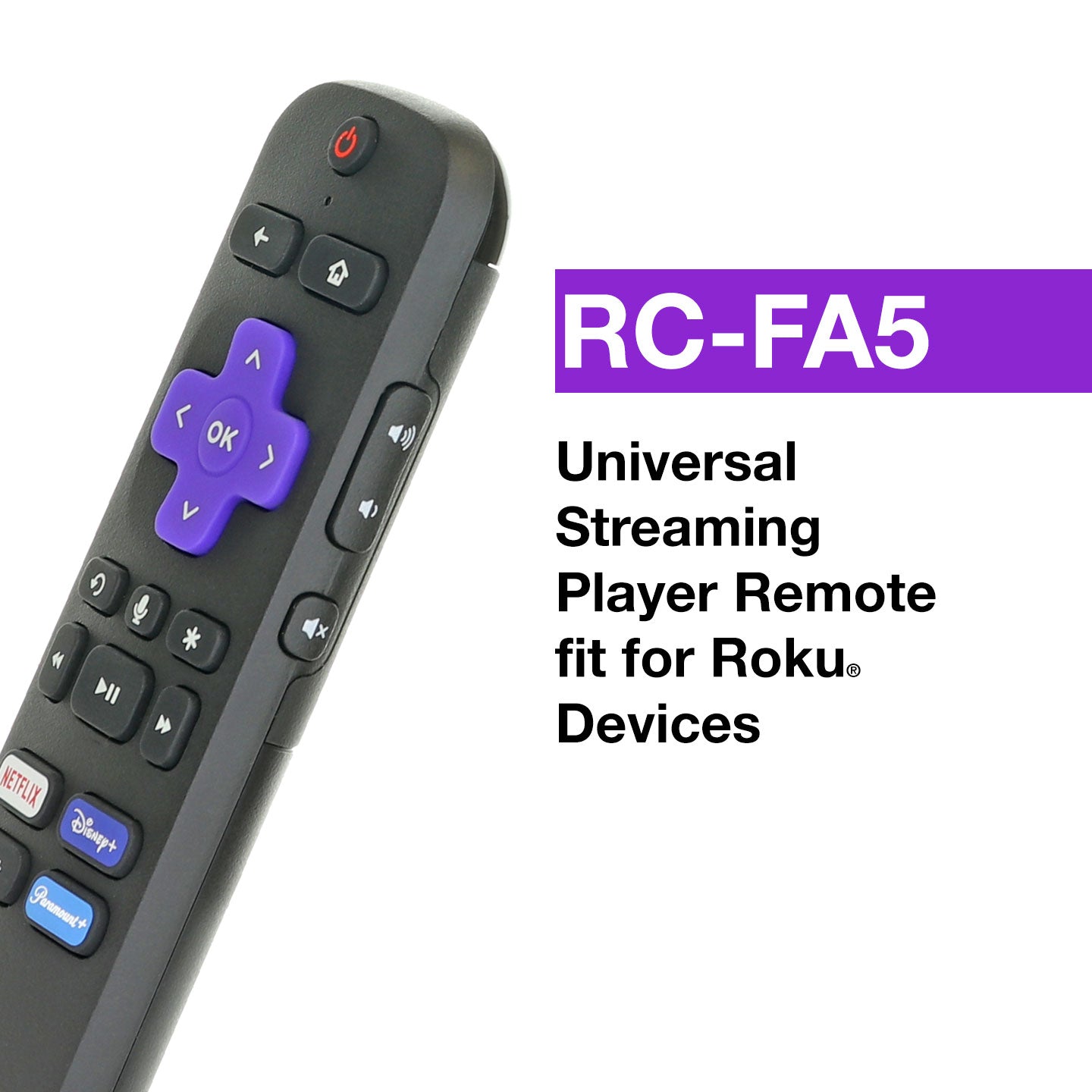The Anderic RC-FA5 Universal remote, compatible with all Roku Streaming Stick, StreamBar, and TV models, features streaming buttons for easy use.