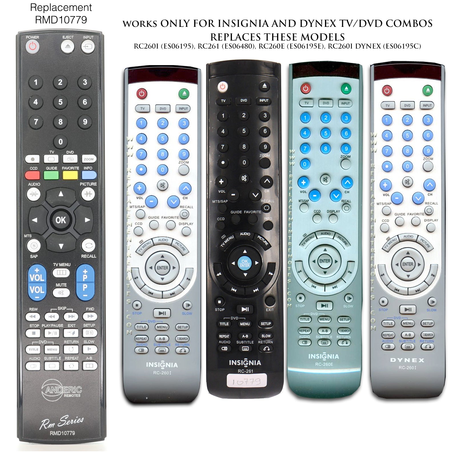 Anderic RC260D Replacement TV/DVD Remote Control for Insignia RC-260D, RC-260E, RC-260I, RC-261 - RMD10779