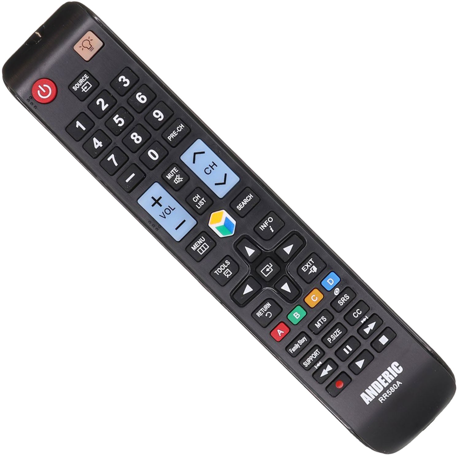 The Anderic RR580A / AA5900580A for Samsung TV is a black universal remote with power, volume, channel buttons, and a blue, red, green, yellow cluster. It works with compatible Samsung TVs without programming. Model number ANB-800A is visible.
