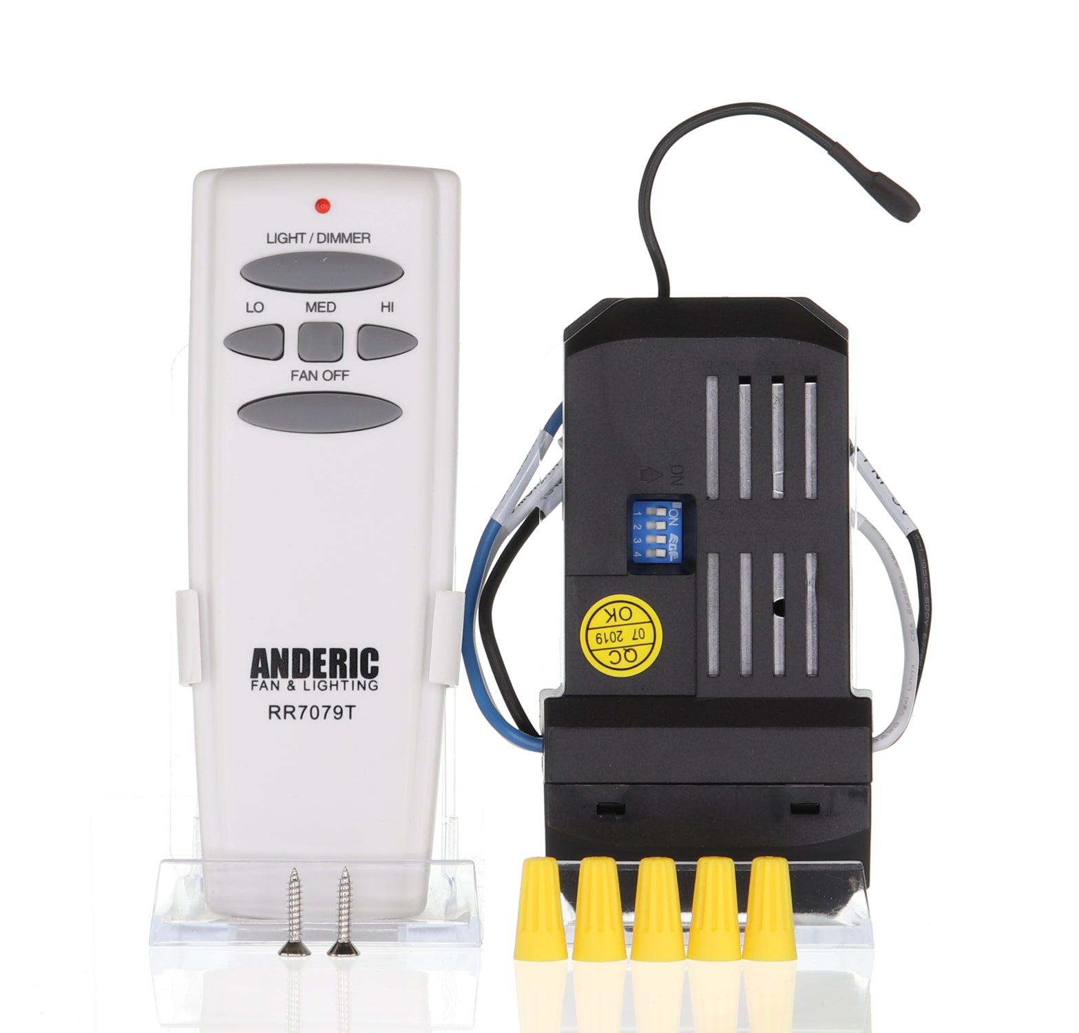 The Anderic RR7079TKIT ceiling fan remote control kit includes a dimmable universal remote, receiver for smooth fan speed and light control, screws, and wire nuts, elegantly displayed on a reflective surface.