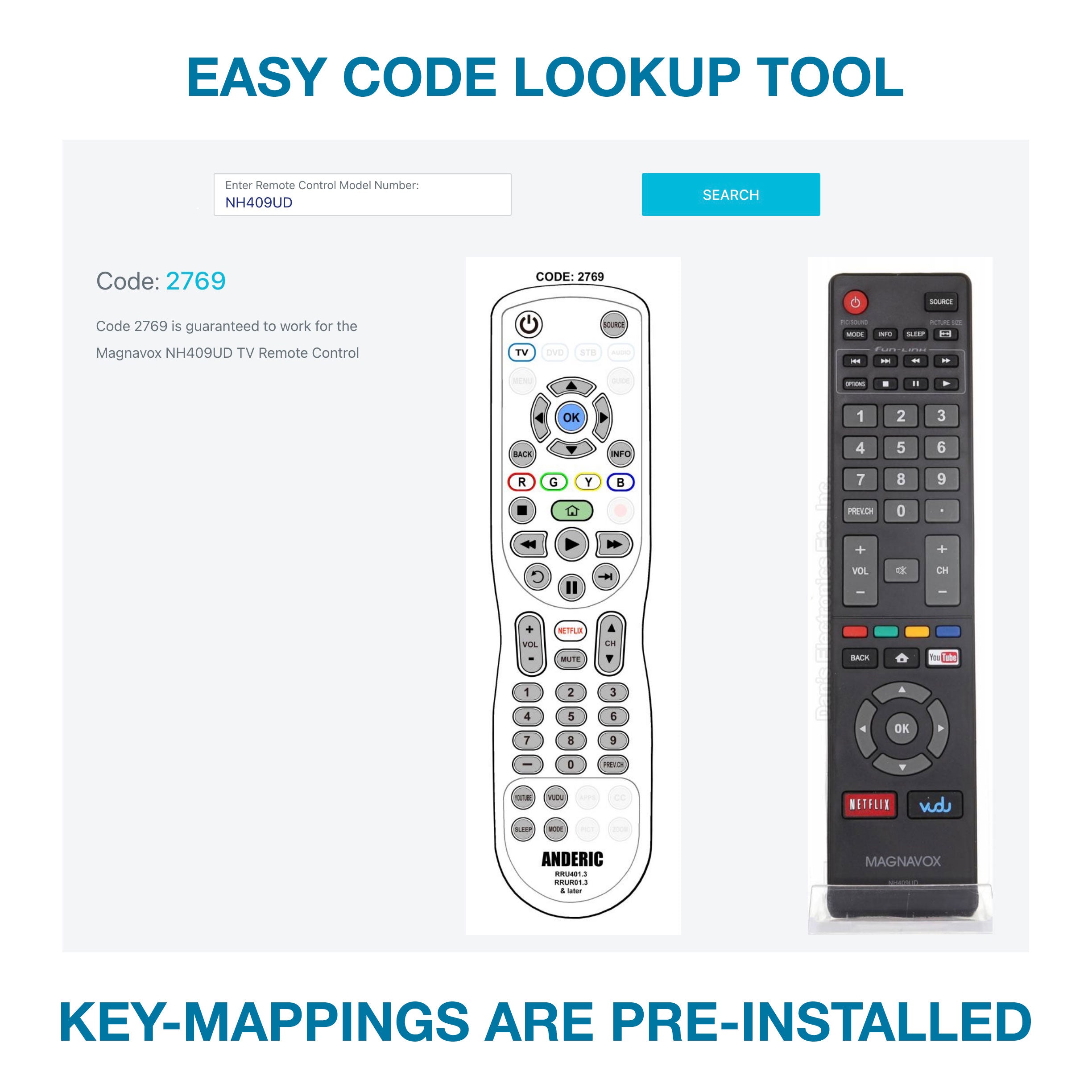 Use the remote control code lookup tool to find code 2769 for a Magnavox TV. Compare side-by-side images of smart remotes: Anderic RRU401.6 with Macro and Learning 4-Device Universal Remote Control and Magnavox, both offering seamless device integration.