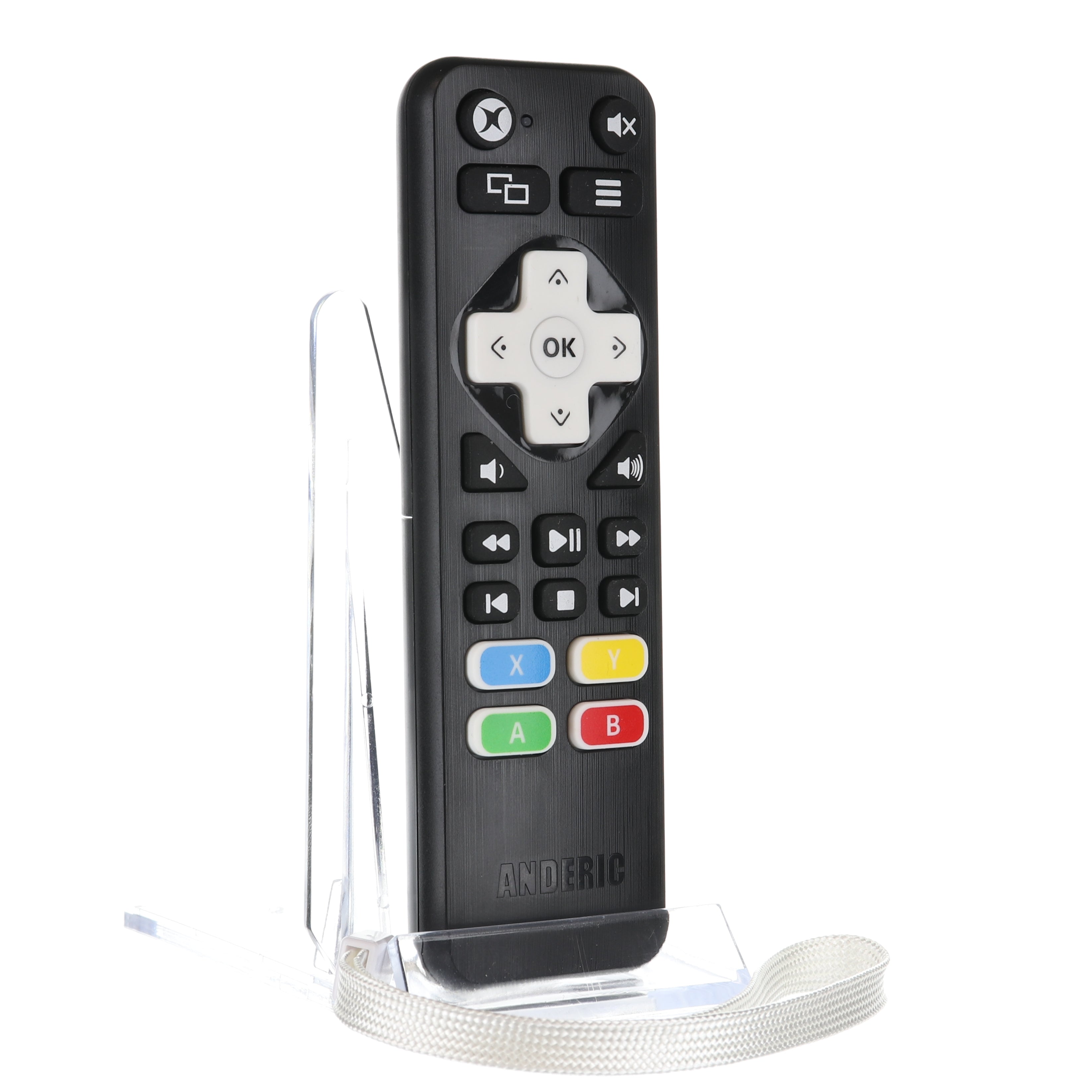 A black Anderic RRXB01 media remote for Xbox One, preprogrammed to LG/Vizio TVs, featuring directional arrows, volume buttons, and colored keys rests on a clear stand.