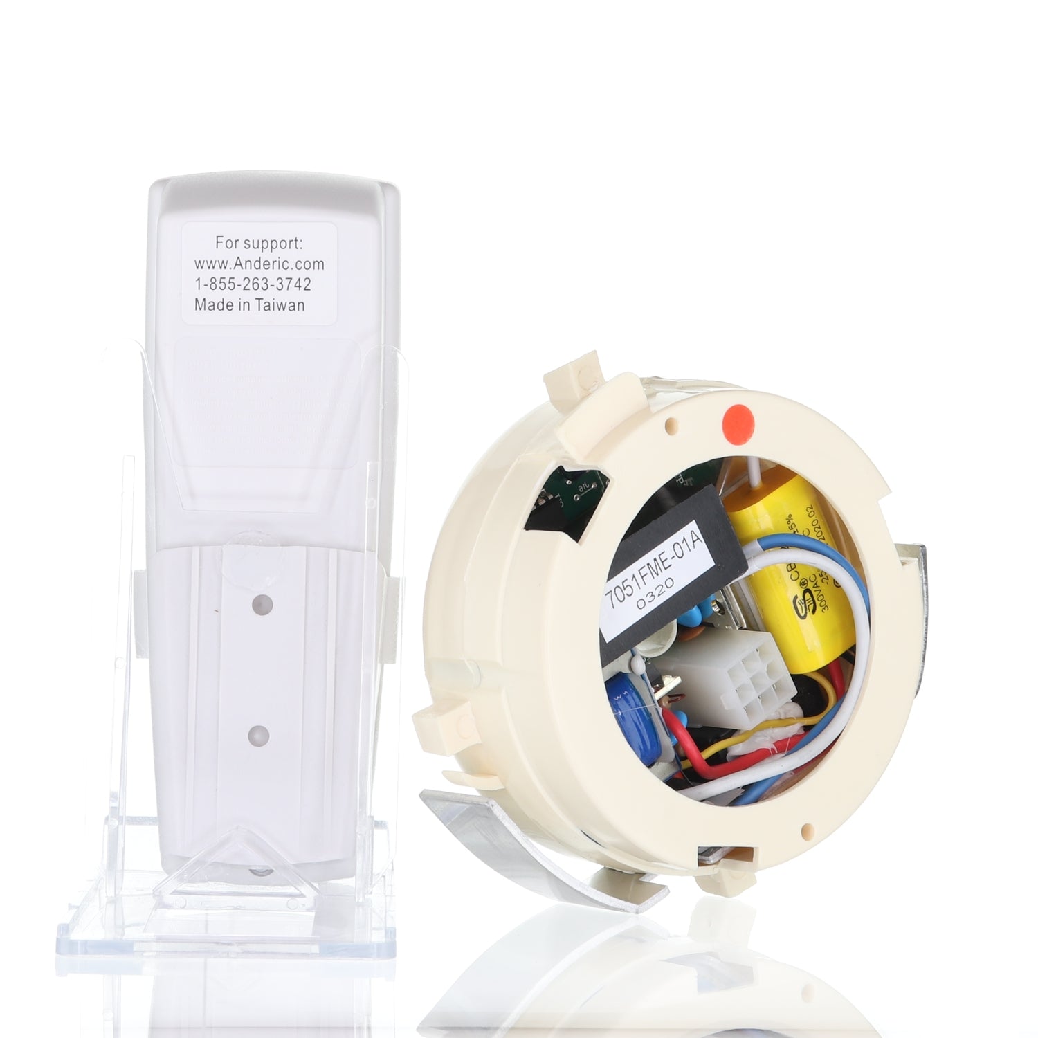 Two electronic devices are shown: one with a visible circuit board and wires, the other in a clear case labeled "Anderic RR7078TR/UC7051R Replacement Ceiling Fan Kit for Hampton Bay Ceiling Fan Remote Control Kit.