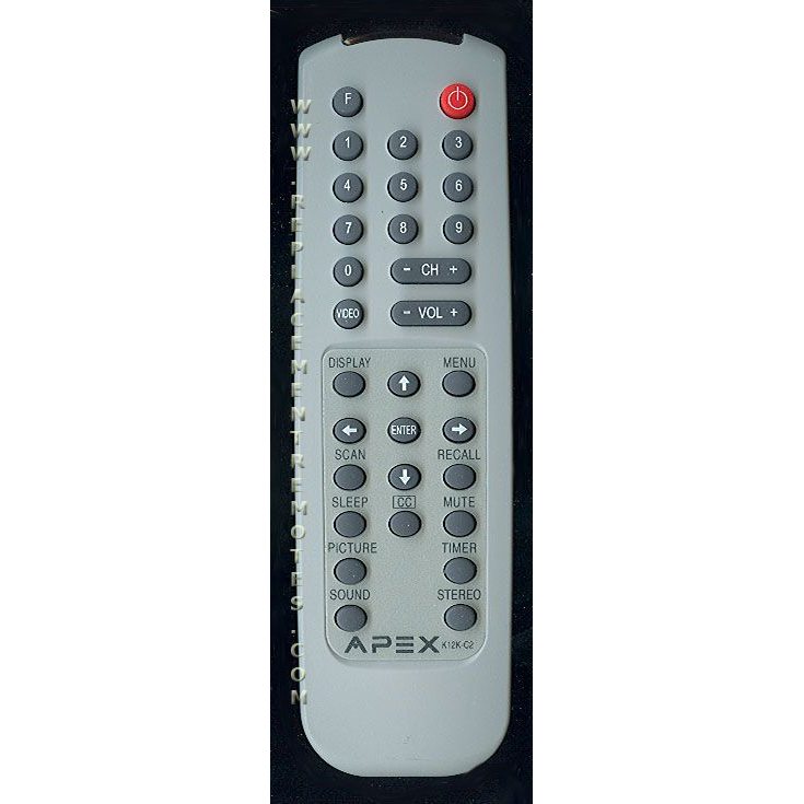 A gray TV remote with buttons for power, volume, channel, and input. It features the "APEX" brand name at the bottom and is model 8201801682L.