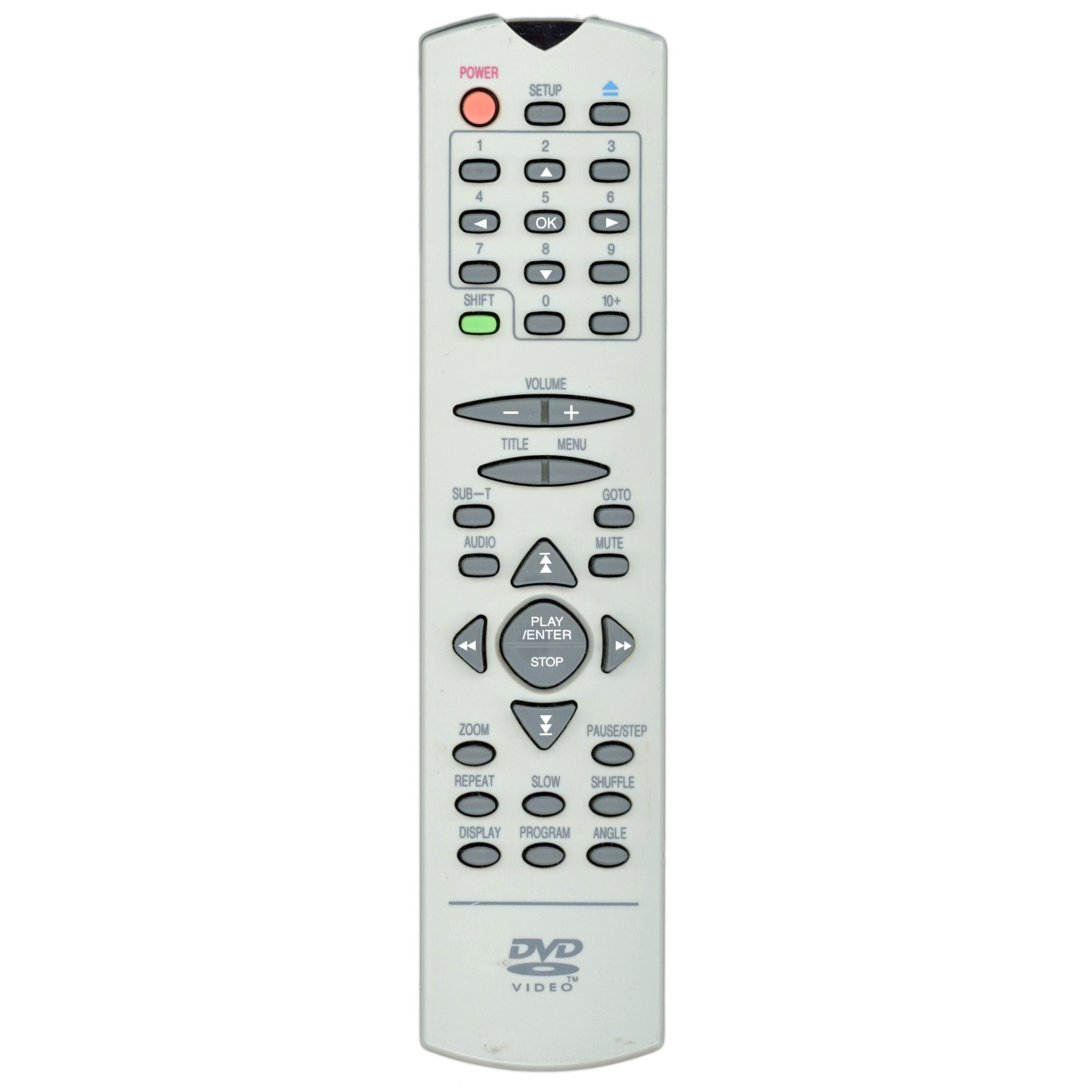 The Apex AD1201RM DVD Remote Control is a sleek, white device designed for seamless interaction with buttons for power, navigation, volume, playback, numeric input, zoom, and menu.
