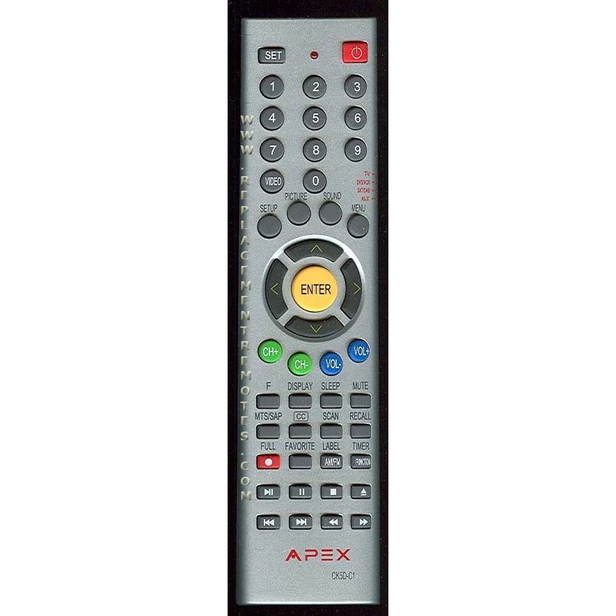 The Apex CK5DC1 TV Remote Control features various buttons for settings, numbers, volume, and channels. It has a sleek silver design and prominently showcases an "ENTER" button in the center.