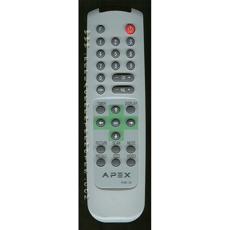 The Apex K12BC2 TV Remote Control in gray has buttons for numbers, volume, channels, and functions like timer, picture, and video. This replacement remote ensures uninterrupted enjoyment of your favorite shows.