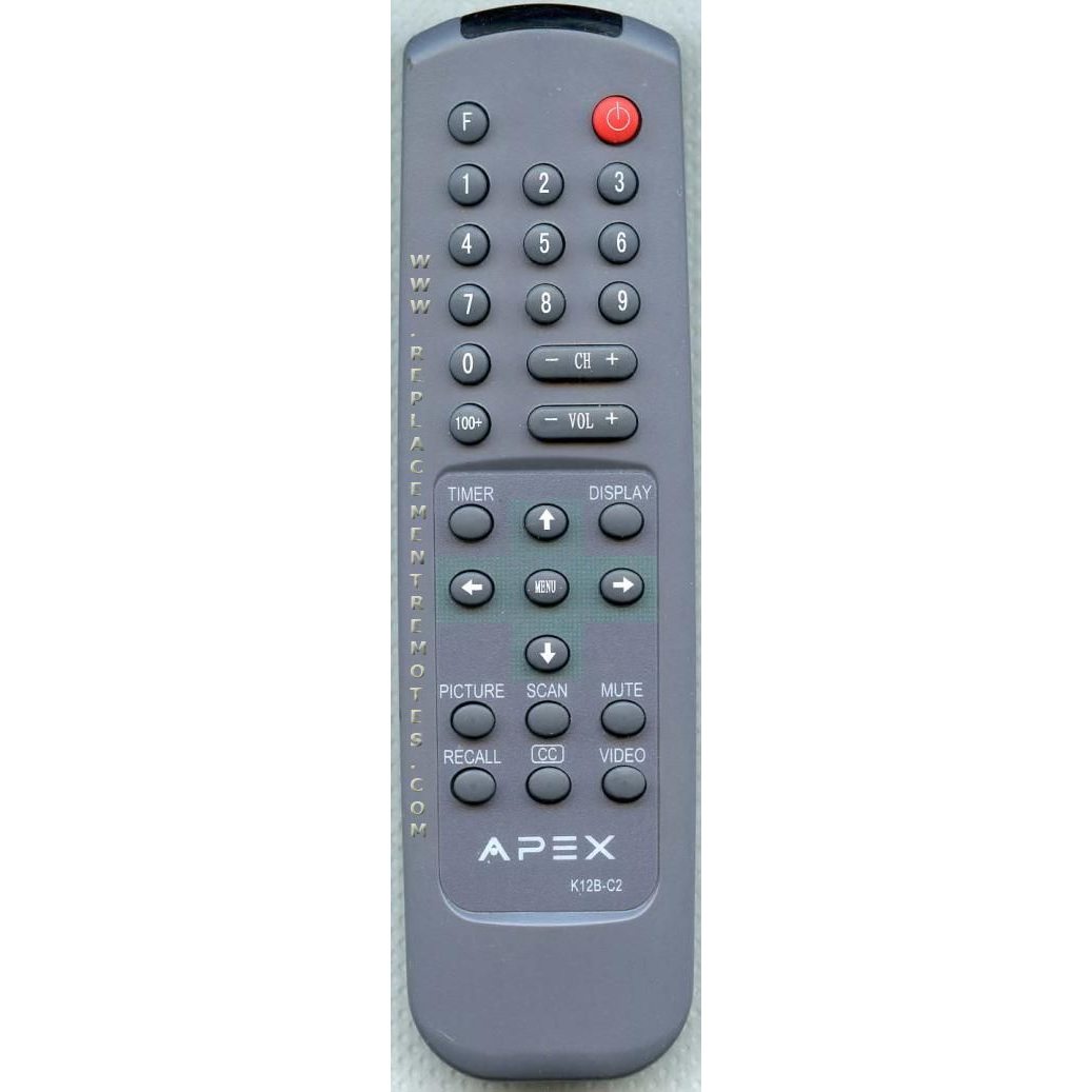 The Apex K12BC2 TV Remote Control is gray with black and red buttons, featuring numbers, volume, channel, and media controls for easy TV operation.