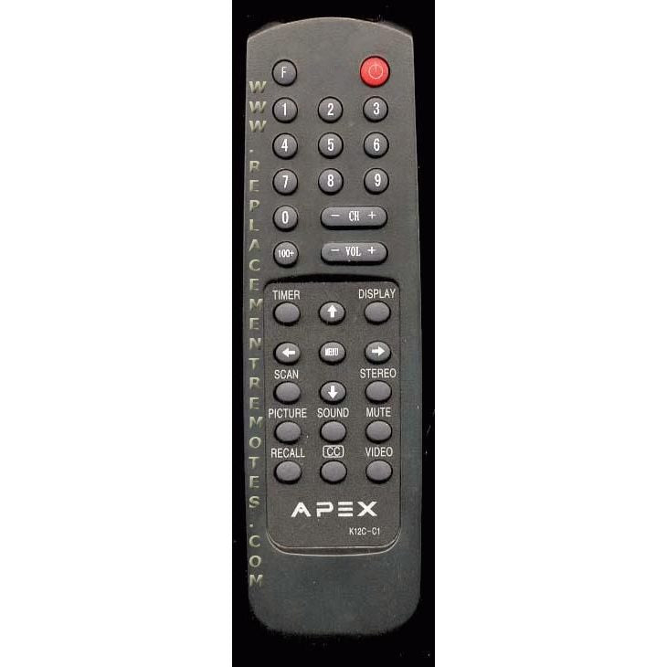 The Apex K12CC1 TV Remote Control is a sleek black device with numbered buttons, essential volume and channel controls, plus power and menu options for an enhanced viewing experience. Ideal as a substitute for other models.