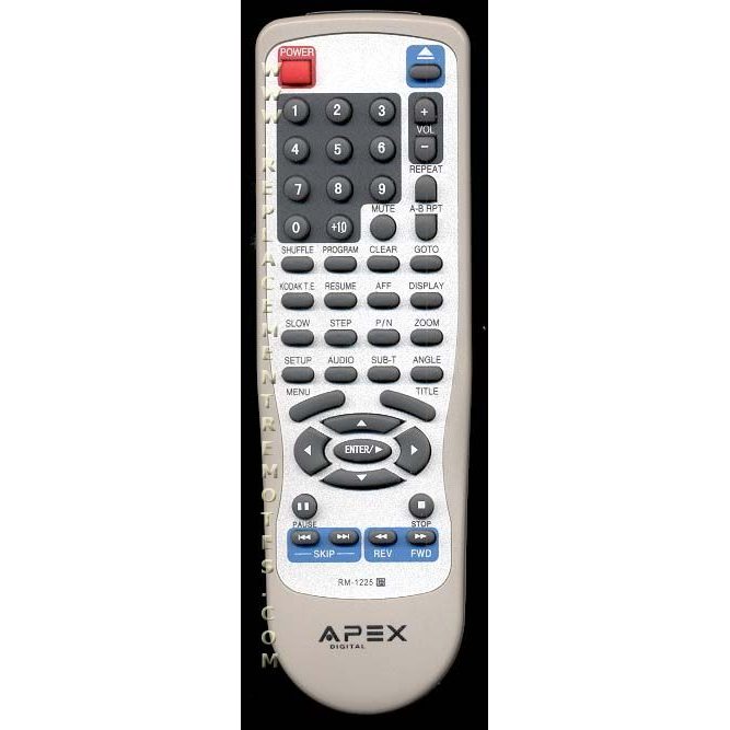 The beige Apex RM1225 DVD Remote Control includes buttons for functions such as play, pause, and menu navigation.