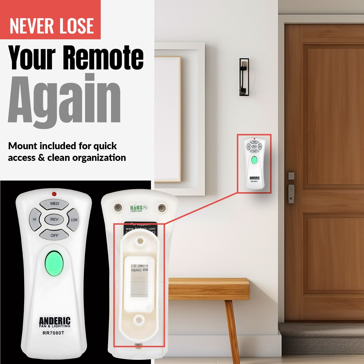 Anderic Substitute for Hampton Bay TR241A KUJ CE10411 Ceiling Fan Remote Control [RR7080T]