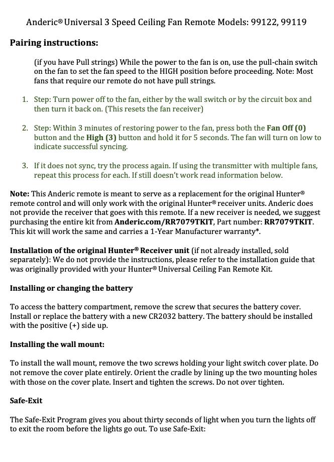 Anderic 99122 / IN2TX41 for Hunter Ceiling Fan Remote Control - 99123