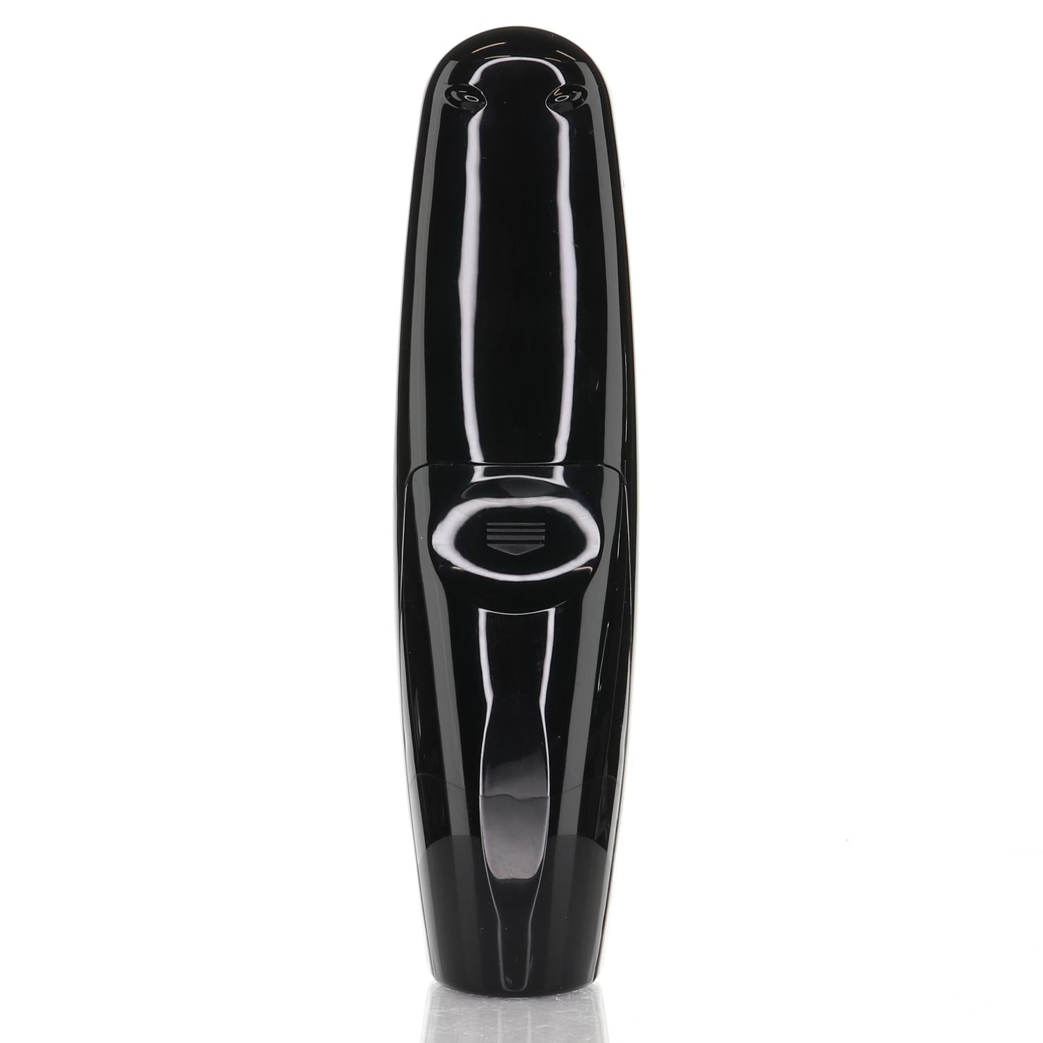 A black handheld portable vacuum stands upright on white, just as the Anderic RR20GA Magic IR-only TV Remote Control for LG awaits pairing.