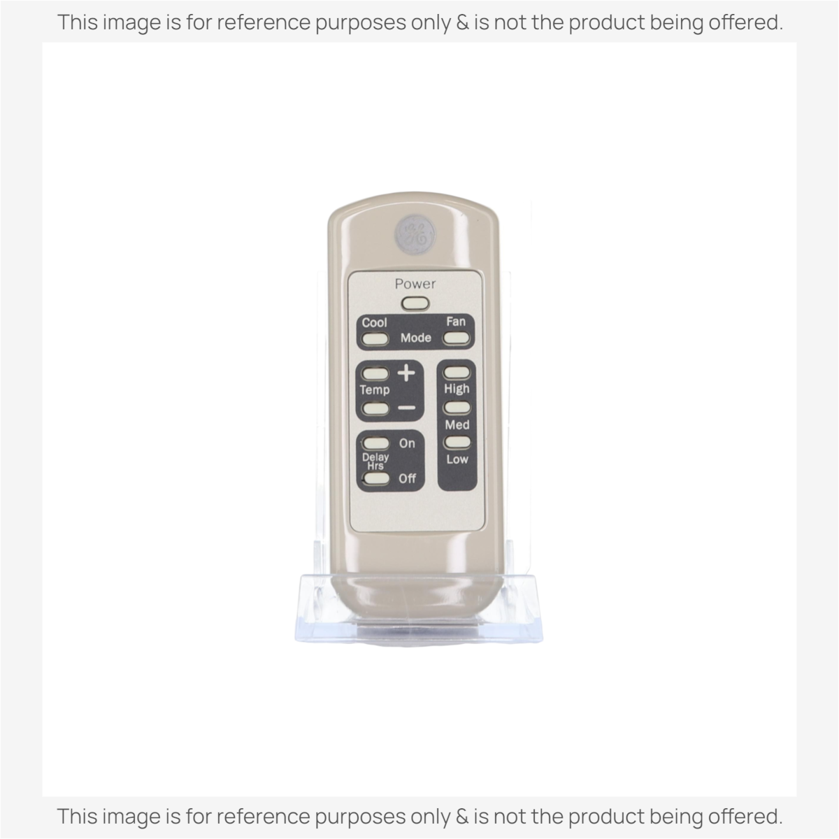 Beige GE General Electric WJ26X21700 Air Conditioner Remote Control, replaces WJ26X21700, with buttons for power, cool, mode, fan speed, temperature adjustment (high/medium/low), delay hours, on, and off.