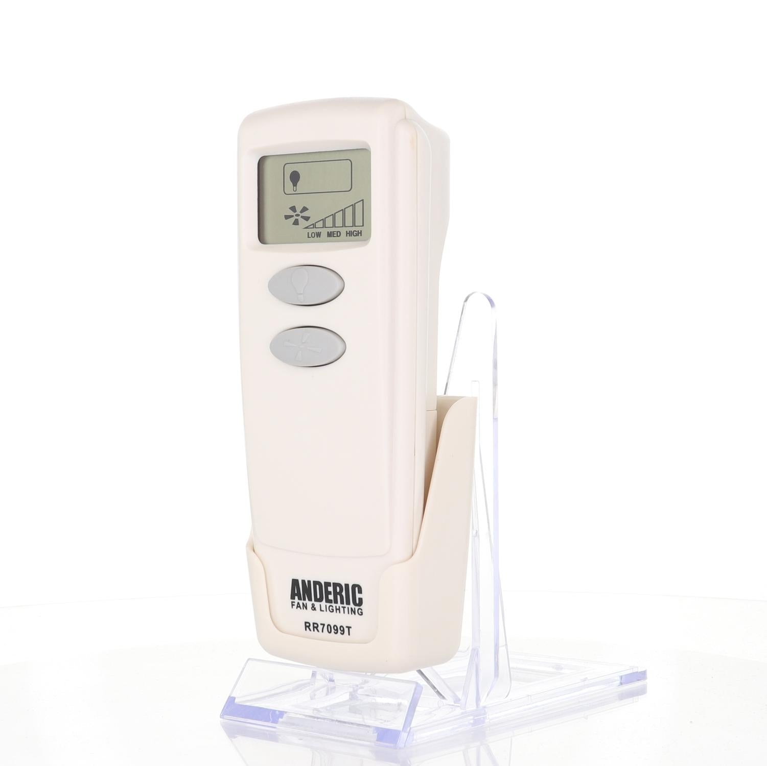The Anderic CHQ8BT7098T thermostatic remote for Harbor Breeze ceiling fans features a white design with a display screen and two gray buttons, elegantly displayed upright on a transparent stand.