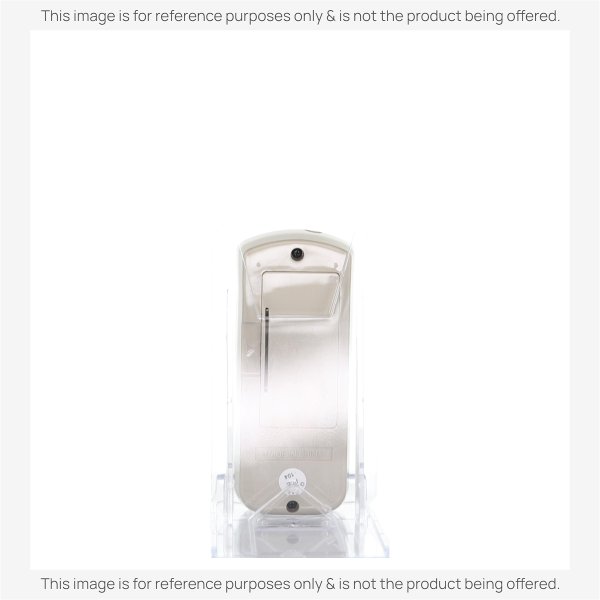 Back view of the GE General Electric WJ26X21700 Air Conditioner Remote Control with battery compartment and "MADE IN CHINA" label, shown on a clear plastic stand.