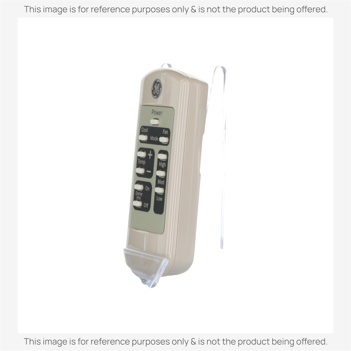 The GE General Electric WJ26X21700 Air Conditioner Remote Control features buttons for power, mode, fan, temperature, high/low settings, and a timer. It is beige and shown on a clear plastic stand.