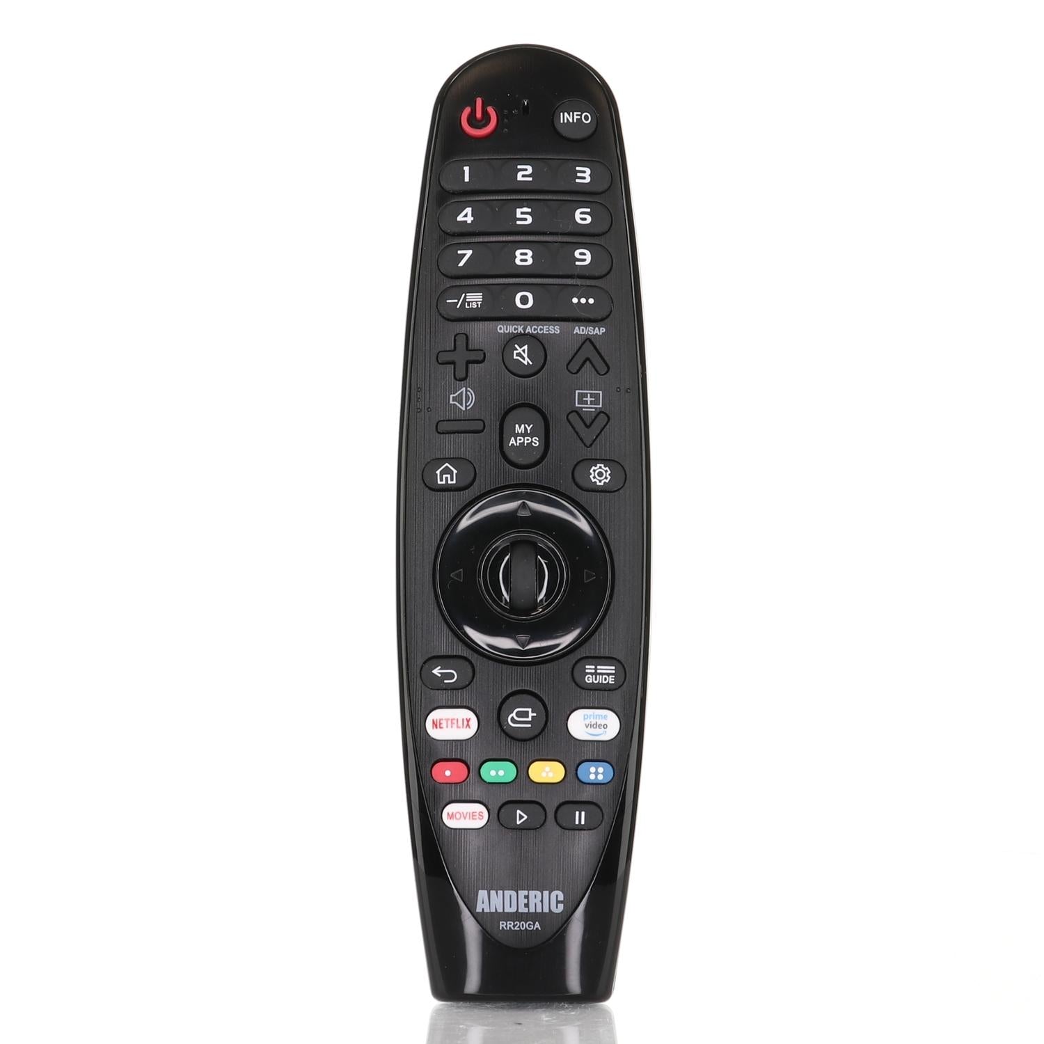 The LG ANMR20GA MAGIC TV Remote Control - AKB75855501, in black, features numeric buttons, navigation keys, volume and channel controls, and streaming shortcuts. Enjoy seamless interaction with voice control and motion-based navigation for an intuitive viewing experience.