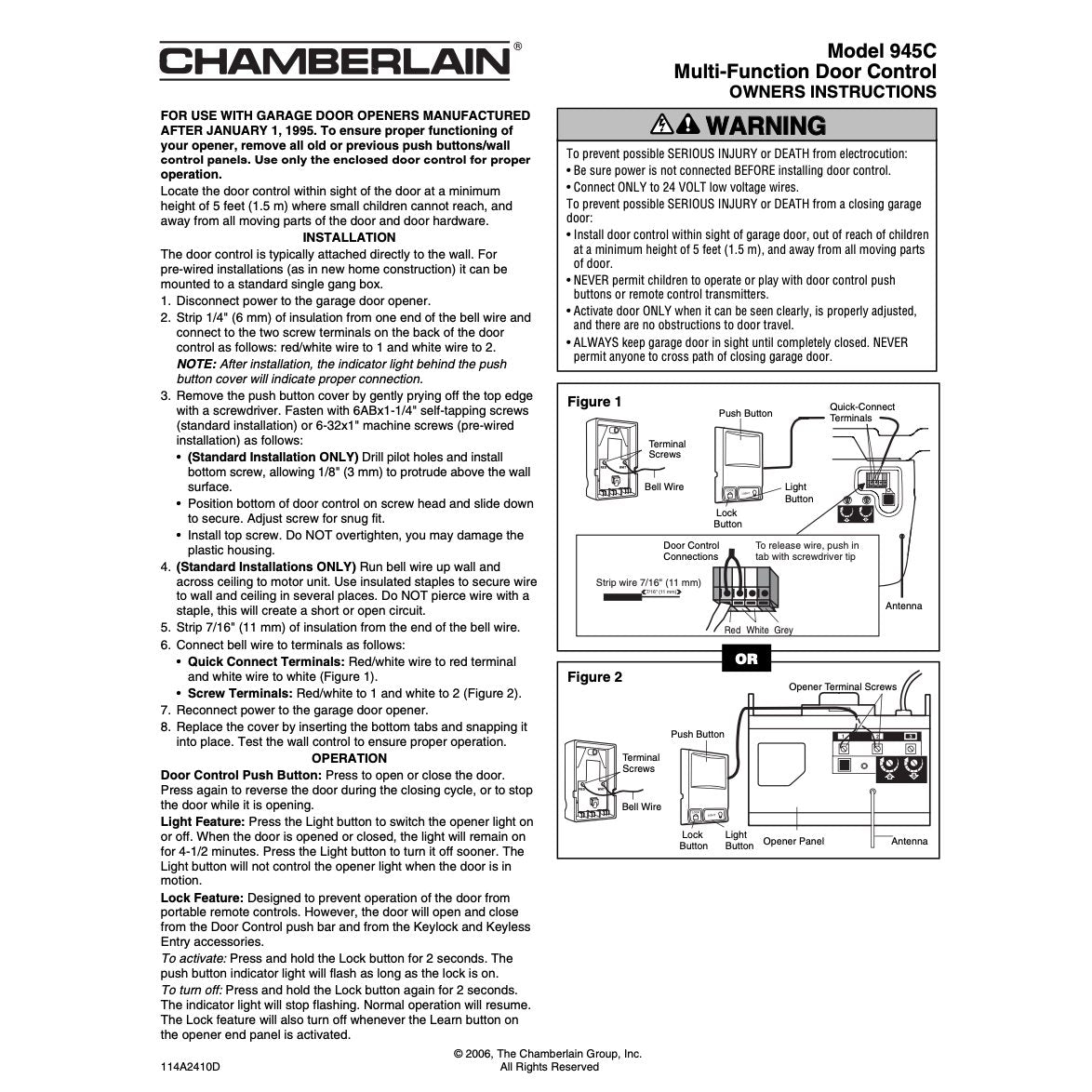 Chamberlain 945CB Multi function door Garage Door Opener Remote Control