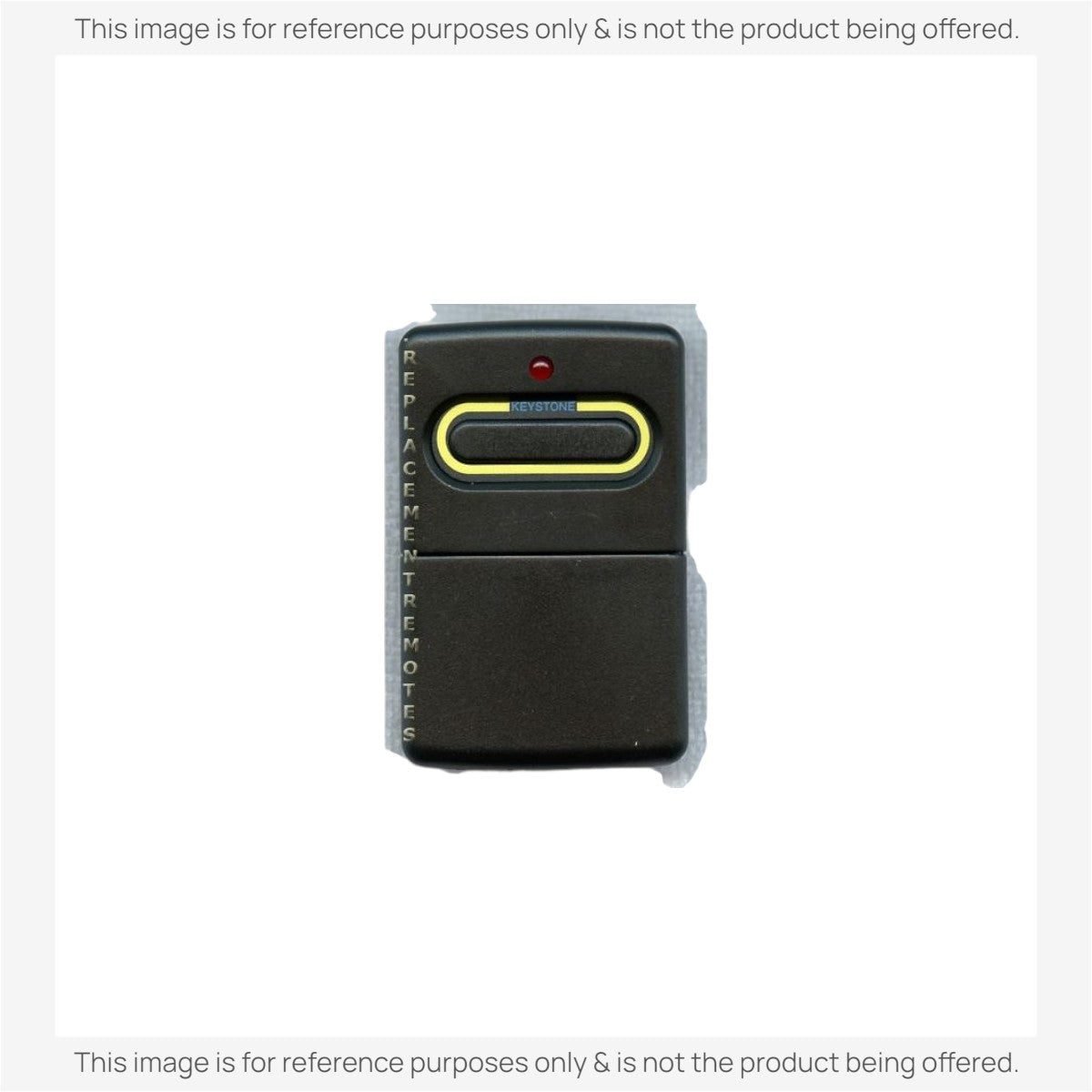 The Crusader 360MHz visor remote 0220360 features a black design with a yellow-bordered button and a small red indicator light at the top, labeled "Keystone.