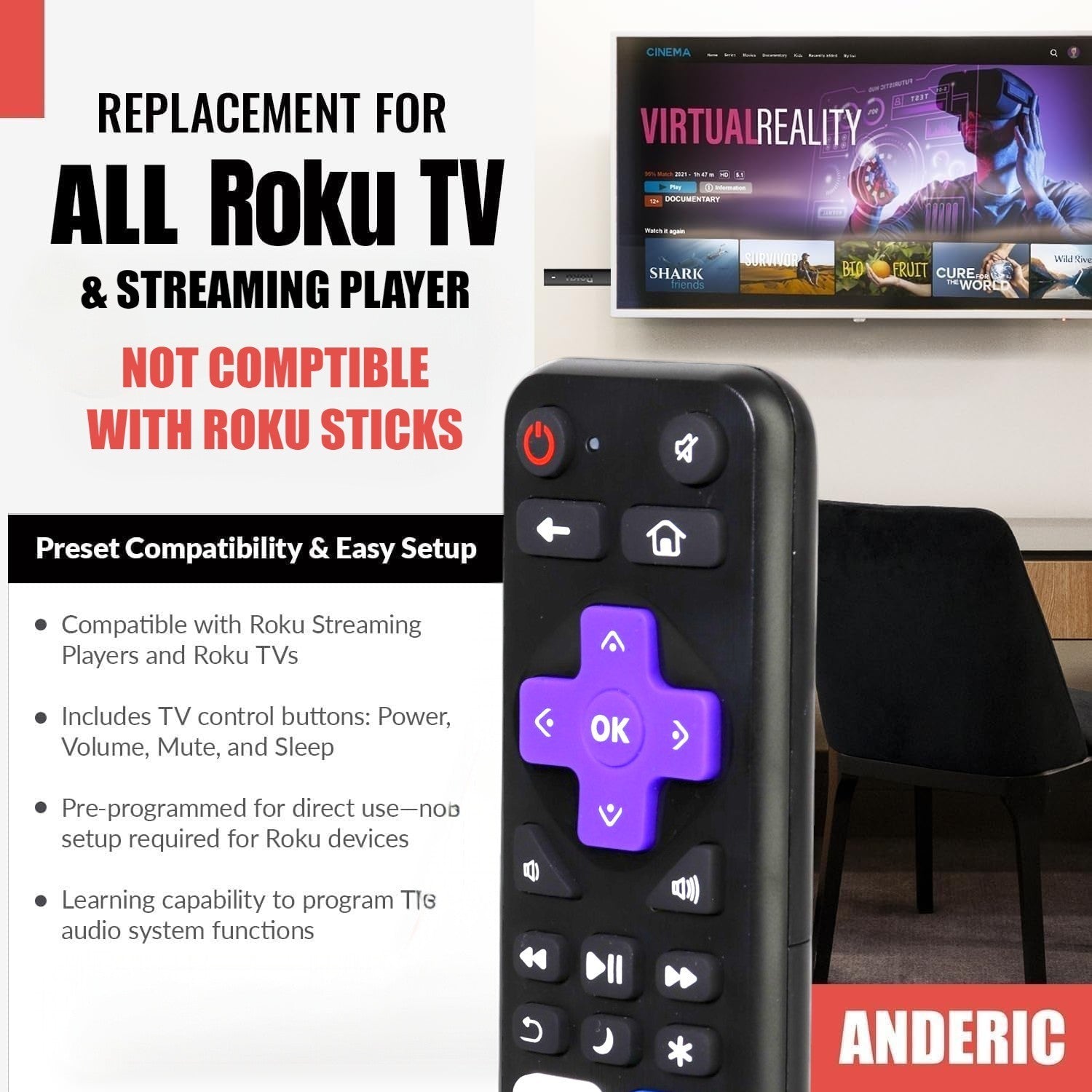 Anderic Substitute for Roku 3226000111 Streaming express Remote Control [RRST01]
