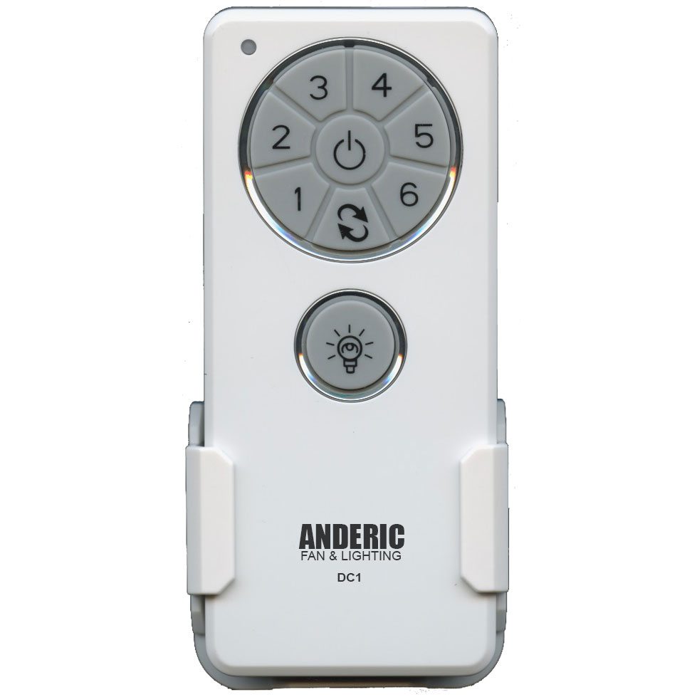 The remote control, featuring an ergonomic design, has dedicated buttons for fan and light functions. It offers power, 6 fan speeds, and light controls. "Anderic DC1 Reversible for Hampton Bay/Monte Carlo" is printed on its front—ideal for effortlessly managing your ceiling fan.