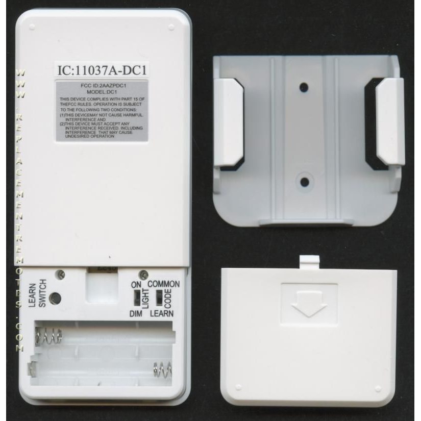 The white Anderic DC1 remote, designed for Hampton Bay/Monte Carlo ceiling fans, features an open battery compartment, gray mounting bracket, learn switch, light/dim buttons, and code indicator. It's ideal for operating your ceiling fan remote or DC receiver motor system seamlessly.