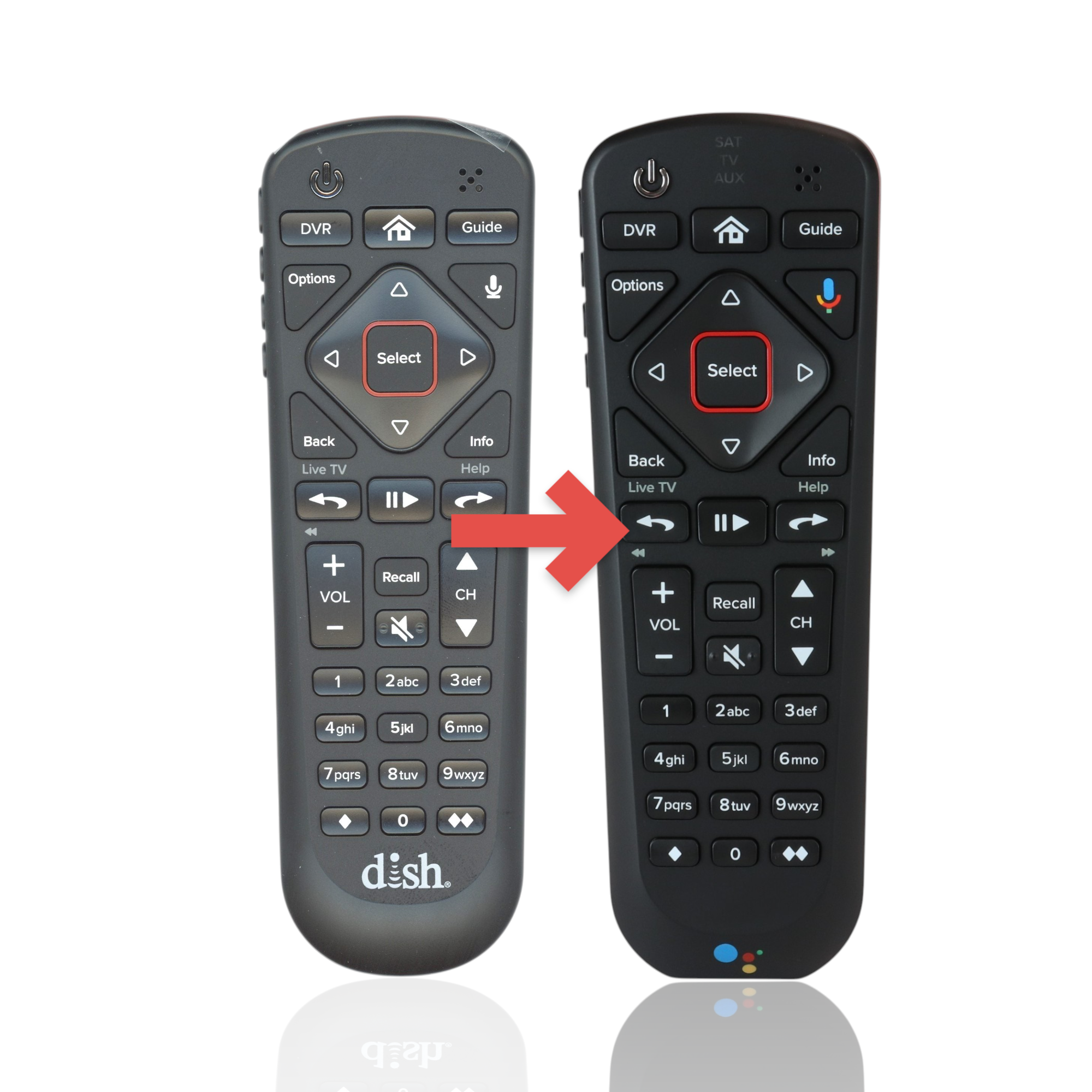 The black Dish-Network 54.0 HOPPER Satellite Remote Control includes power, DVR, guide, volume, channel buttons, numeric keypad, RF/UHF support, and voice command for a seamless viewing experience.
