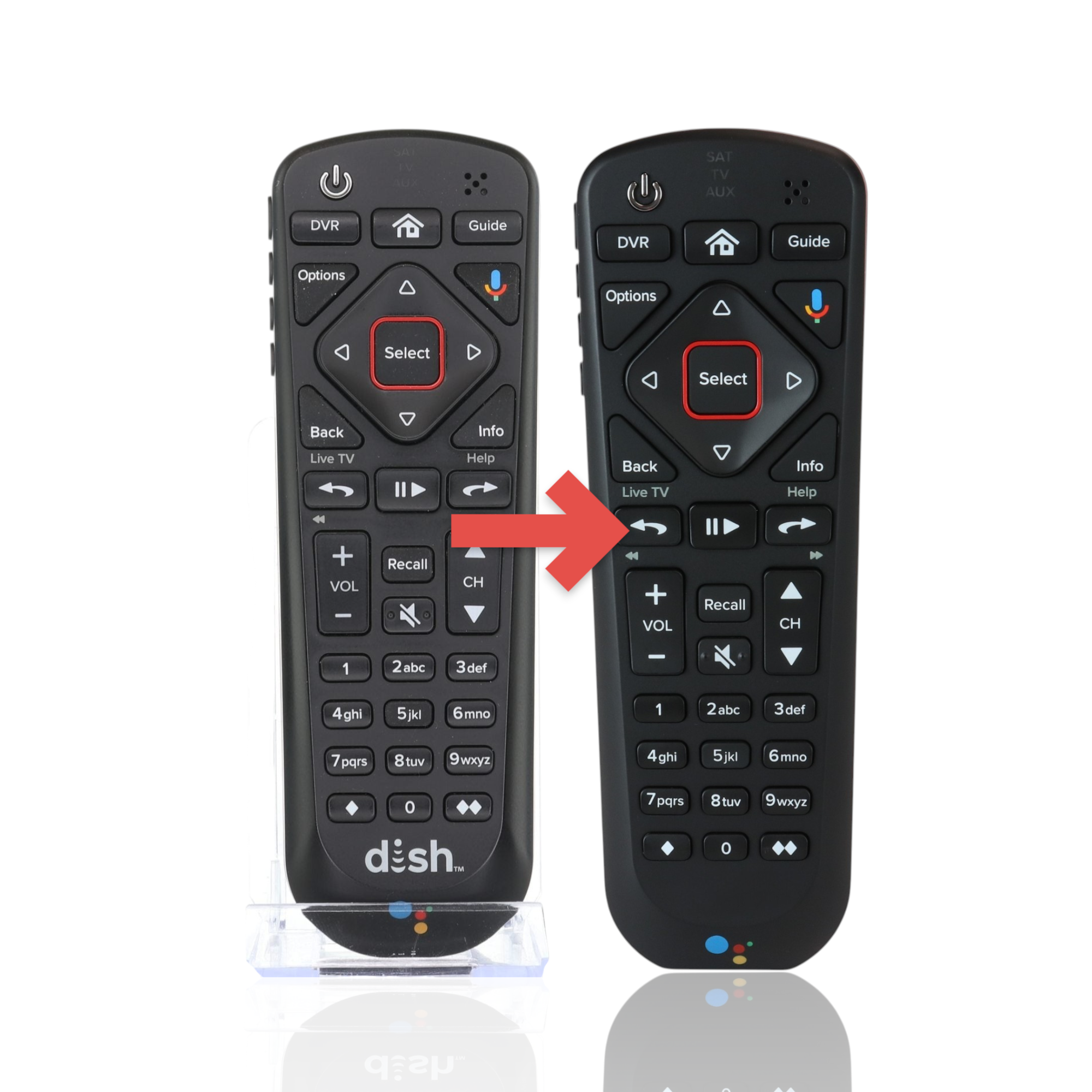 Anderic black UHF 2G remote control for Dish satellite receivers with Google Voice and backlit keypad buttons.
