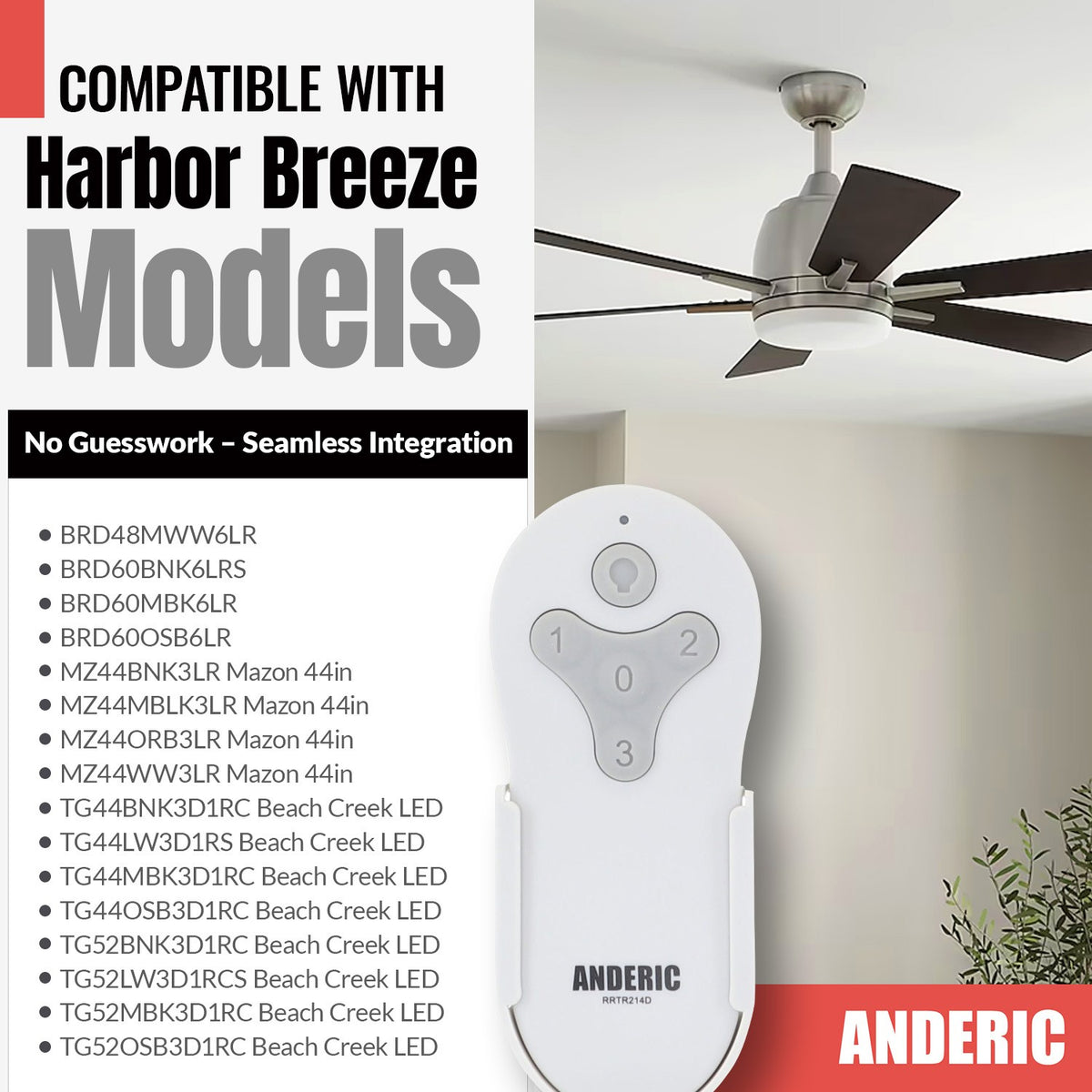 Anderic Substitute For Harbor Breeze 2BB78-ITL-F304C Ceiling Fan Remote for Mazon - 2BB78ITLF304C [RRTR214D]