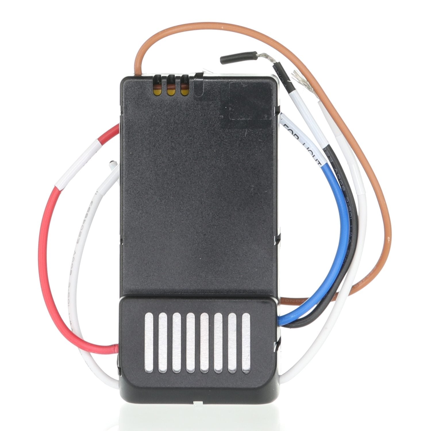 The Anderic FAN42R 315MHz for Harbor Breeze Ceiling Fan Receiver is a black rectangular electronic component with a vented section, featuring red, blue, brown, and white wires for easy remote pairing.